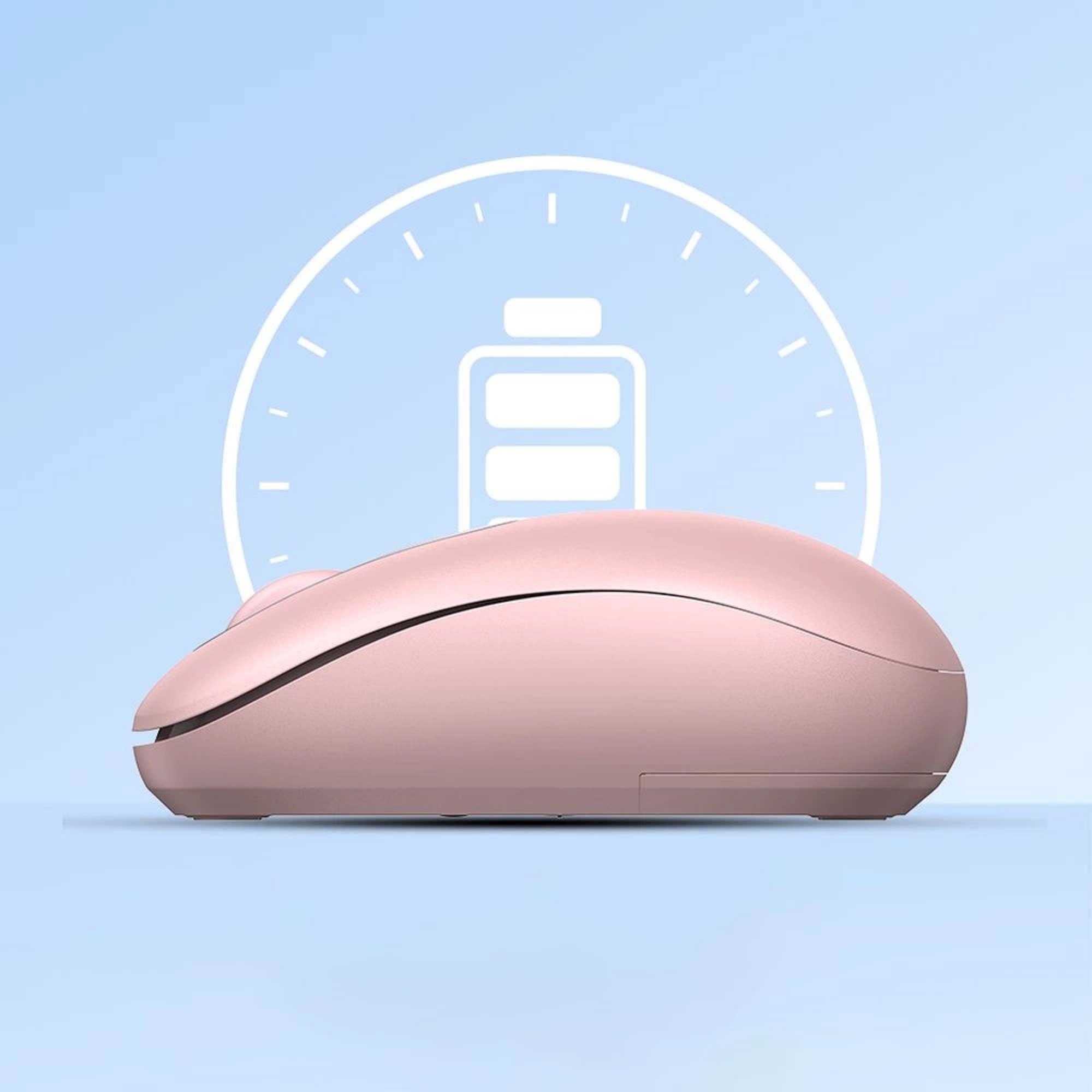 Eine rosa Computermaus mit einem weißen Batteriesymbol im Hintergrund.