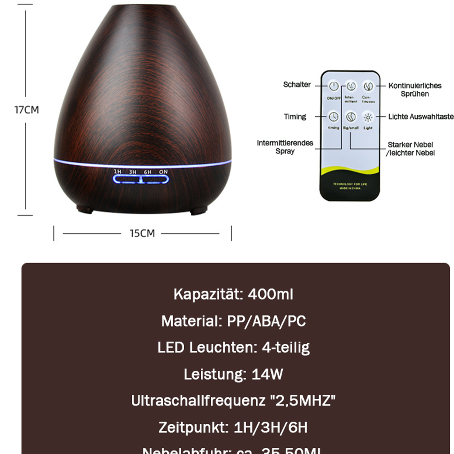 Diffusor mit Bedienfeld und Text auf Deutsch. Details: 14W, 400ml, 1H/3H/6H Timer.