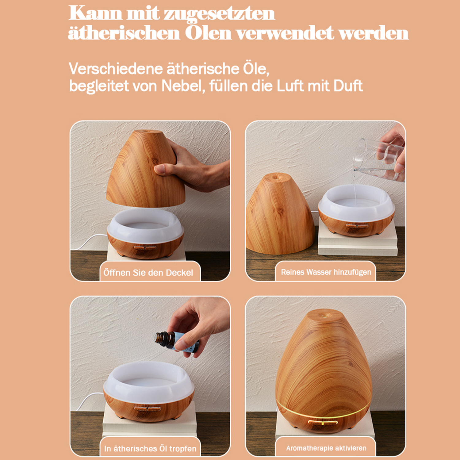 Diffusor mit Schritten: Deckel öffnen, Wasser hinzufügen, Öl hinzufügen und Aroma aktivieren.