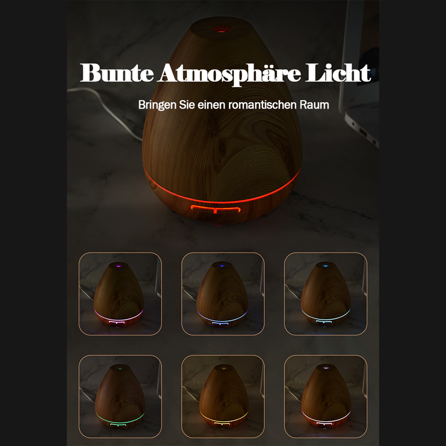 Aroma-Diffusor aus Holz, mit sechs Lichtmodi. Lichter auf dunkler Oberfläche. Modernes Design.