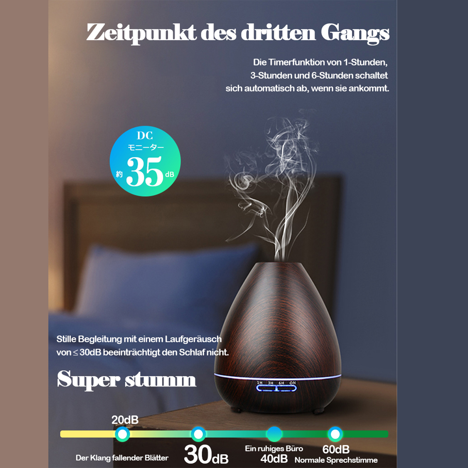 Ein Aroma-Diffusor mit Holzdesign, mit deutschem Text, der seinen leisen Betrieb und seine Funktionen beschreibt.