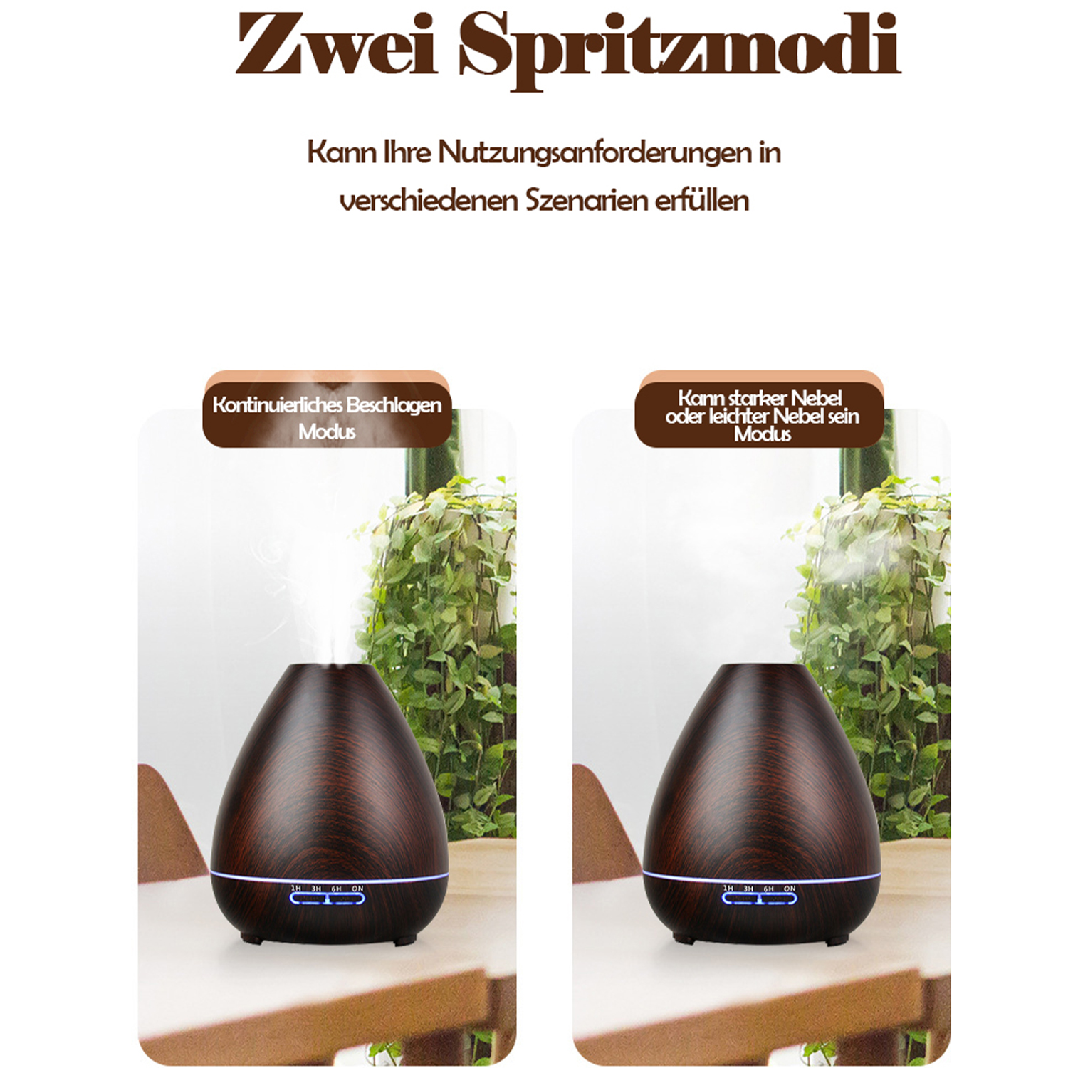 Zwei Diffusoren. Einer hat Nebel, der herauskommt. Der andere hat ein Etikett mit der Aufschrift 'Kontinuierlicher Nebel' und 'Starker Nebel'.