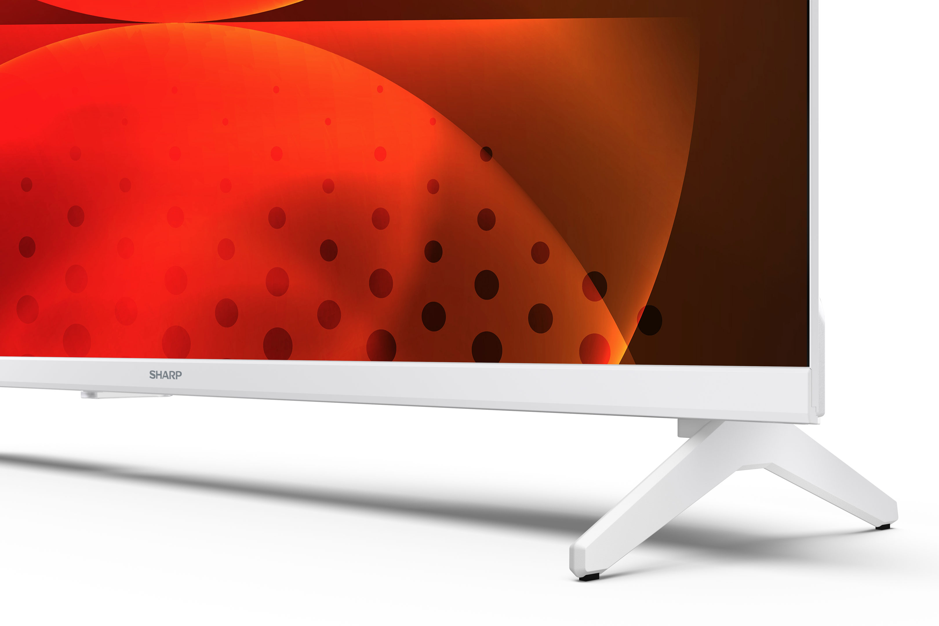 Ein weißer Fernseher mit rotem und orangefarbenem abstraktem Hintergrund, die Beine sind weiß.