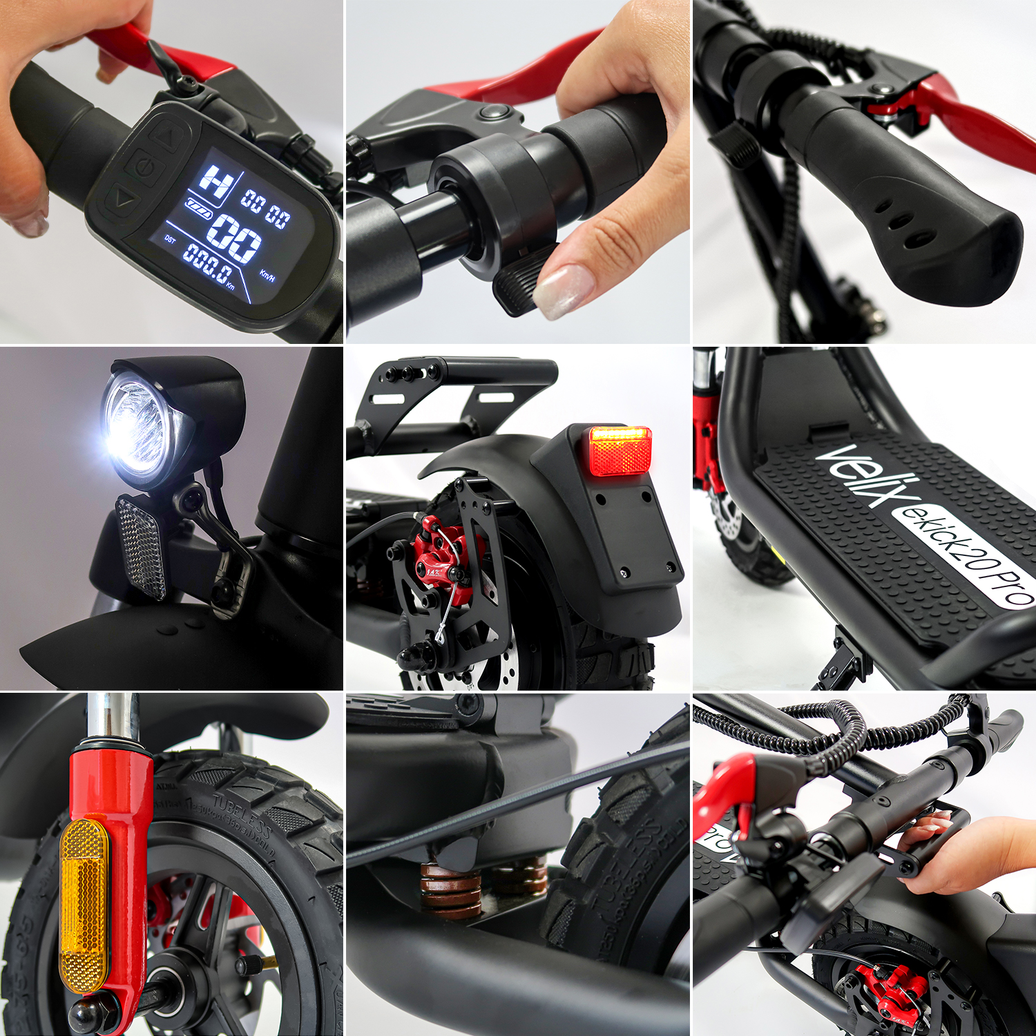 Nahaufnahmen eines E-Scooters, die Details wie Lichter, Bremsen und das Deck zeigen.