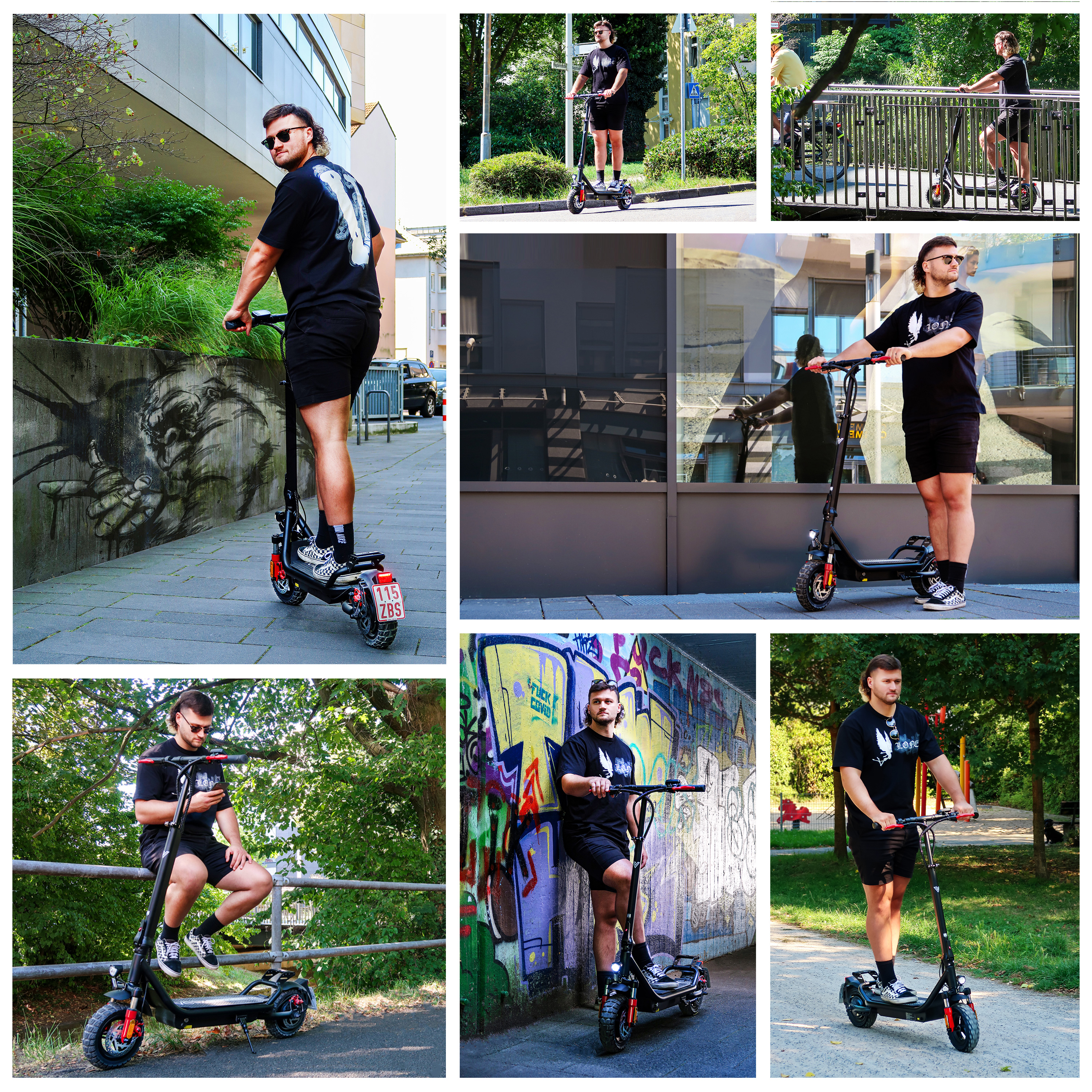 Eine Collage von Fotos eines Mannes, der mit einem Elektroroller in verschiedenen Umgebungen fährt.