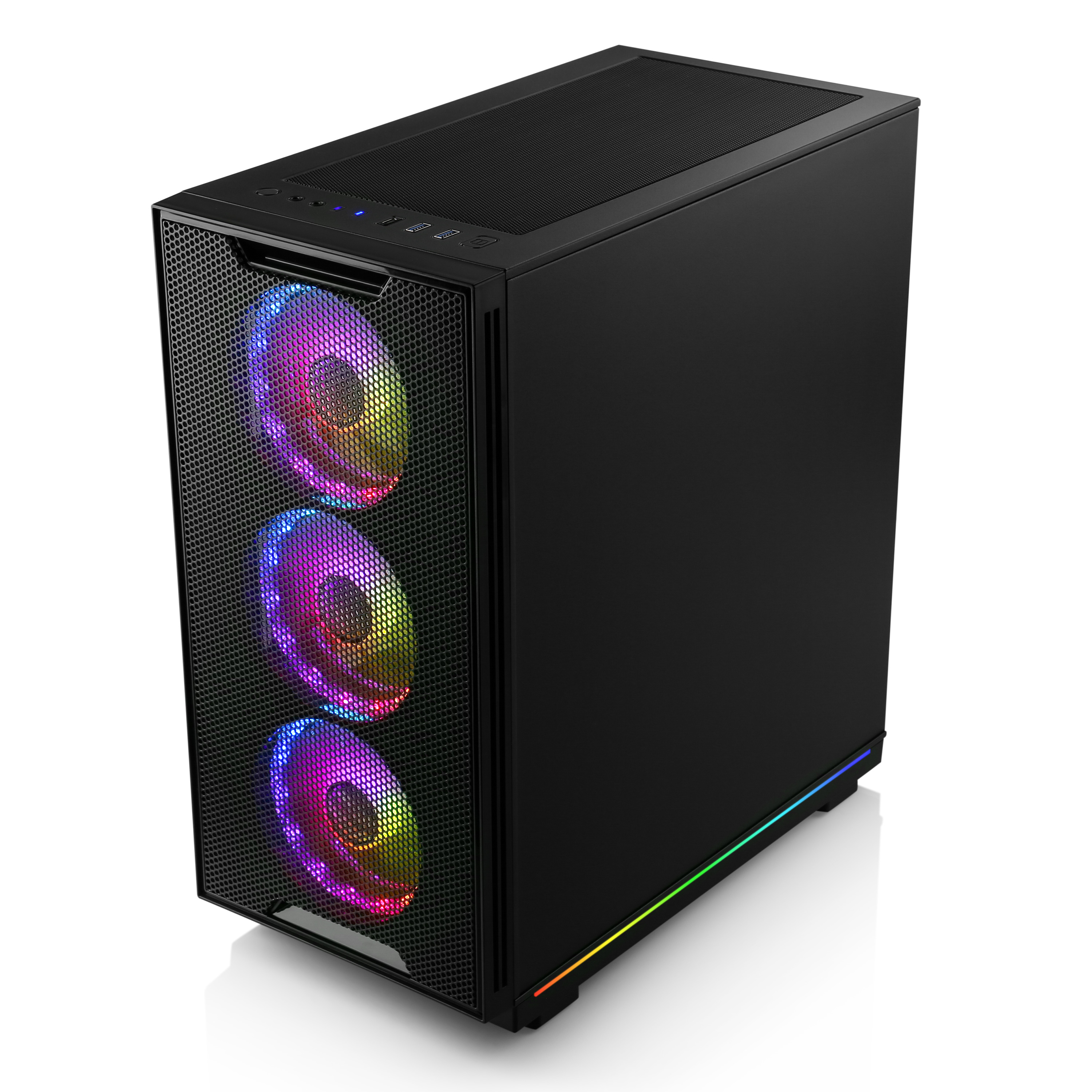 Case per computer nero con frontale a rete, ventole RGB e pannello laterale.