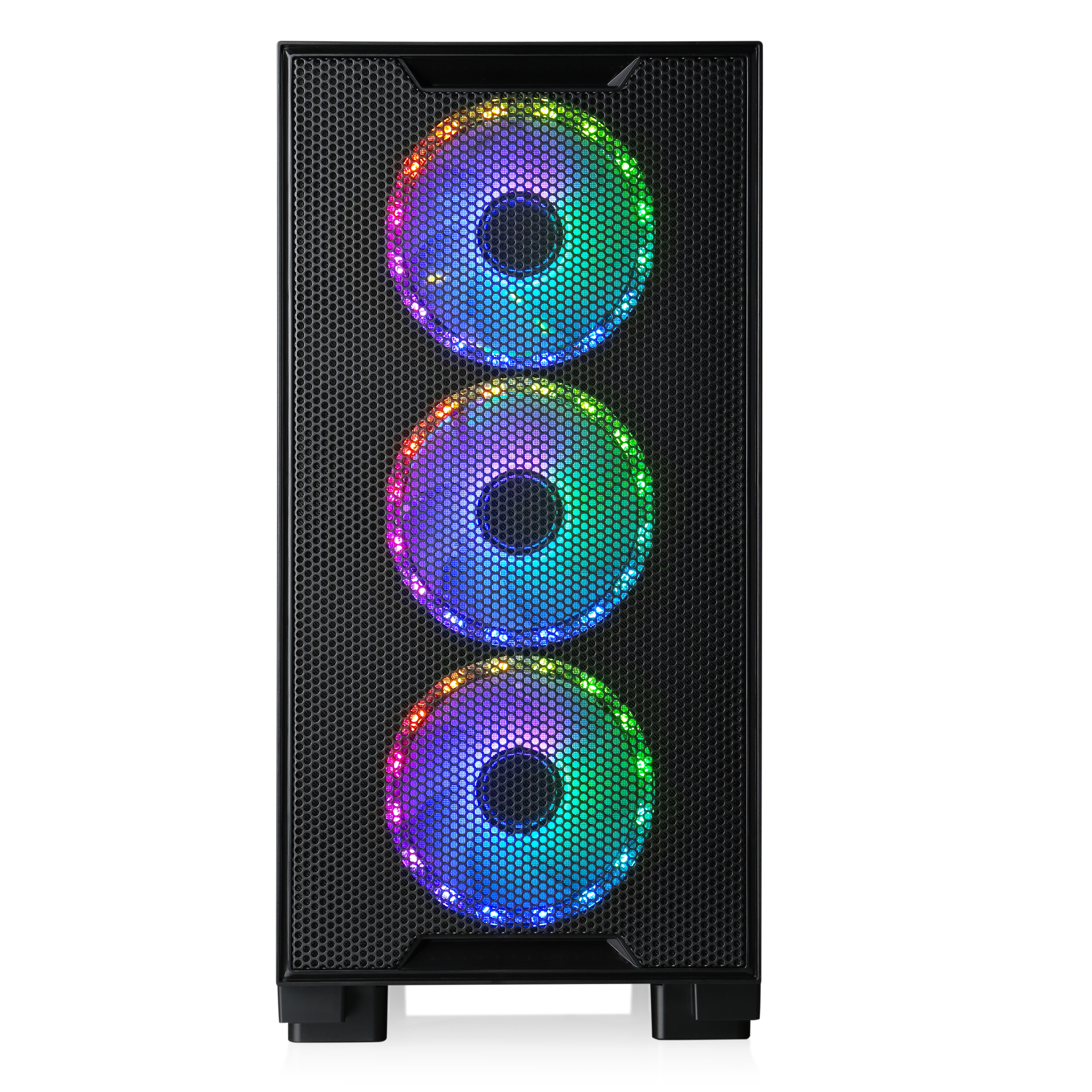 Case PC nero con tre ventole illuminate che mostrano uno spettro di colori.