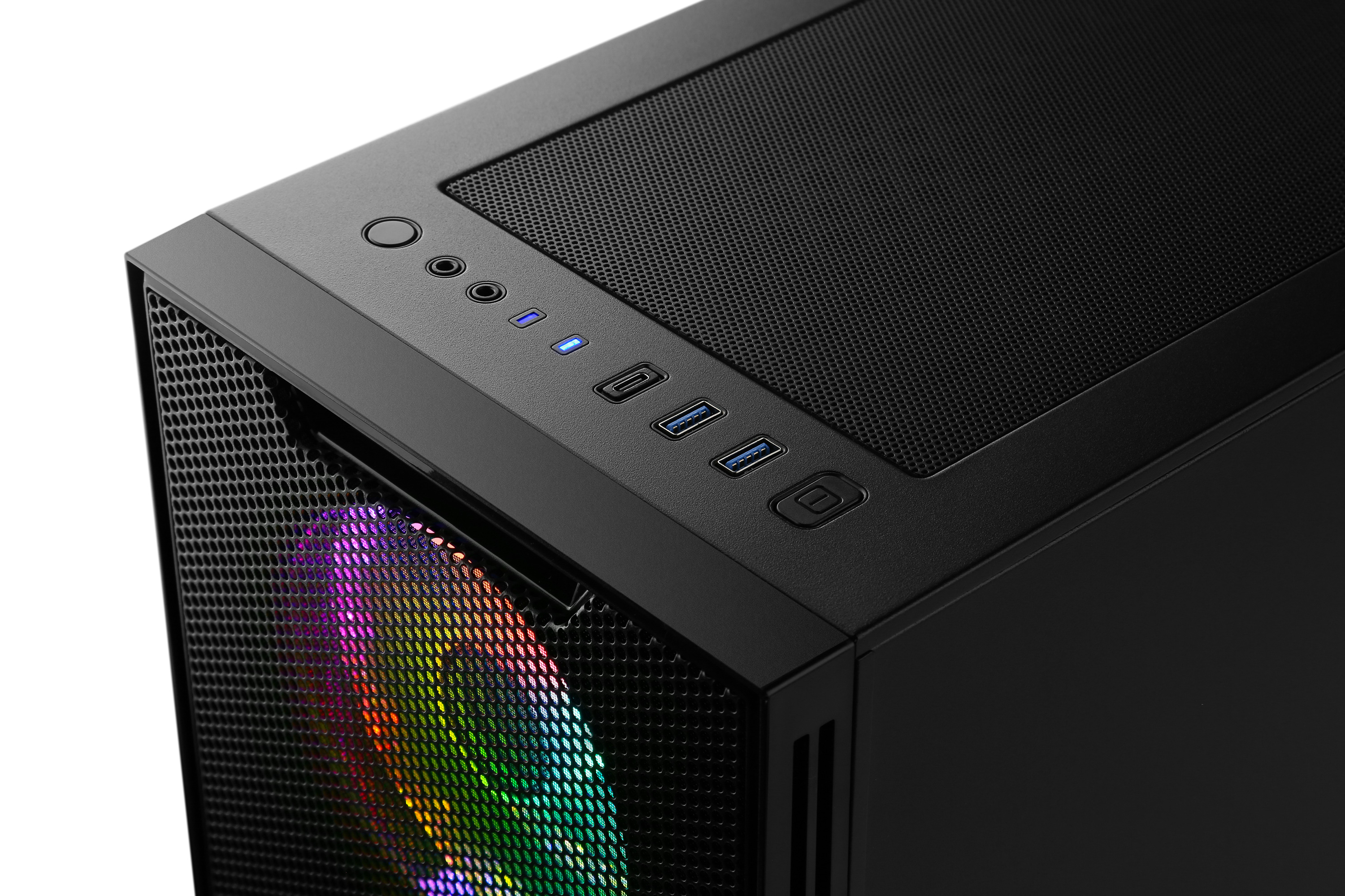 Case nero per computer, una parte anteriore a rete con luci arcobaleno e porte di alimentazione e USB in alto.