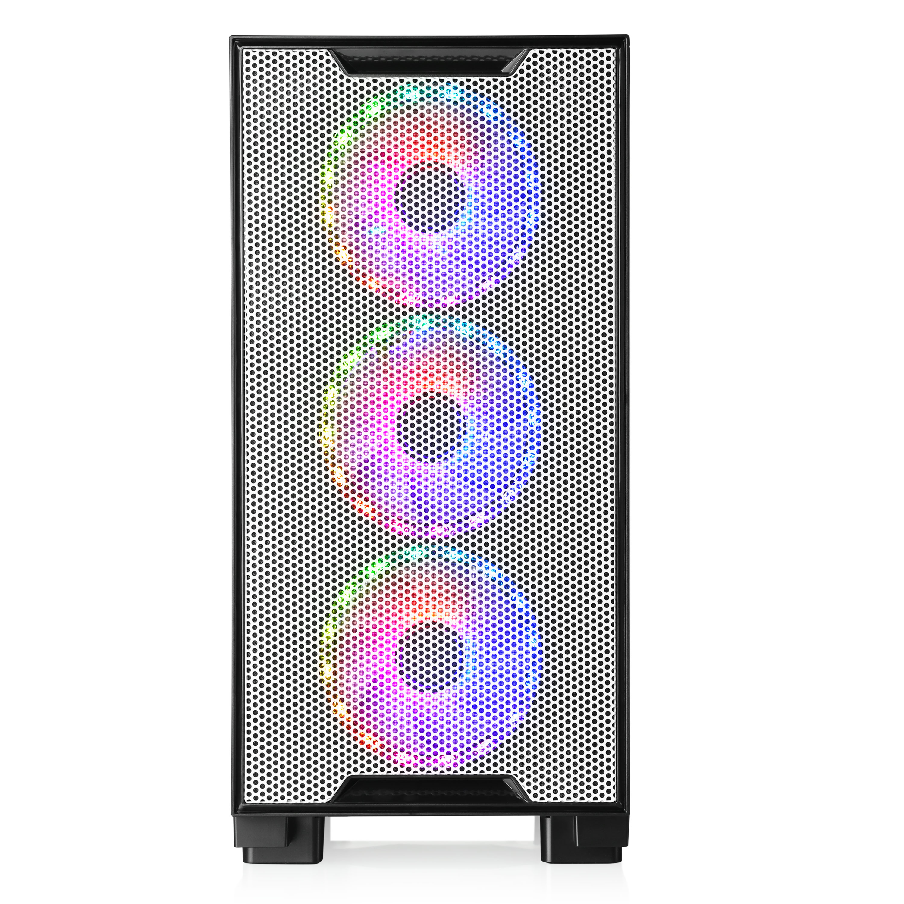 Ein Computergehäuse mit drei kreisförmigen Lüftern mit bunten Lichtern.