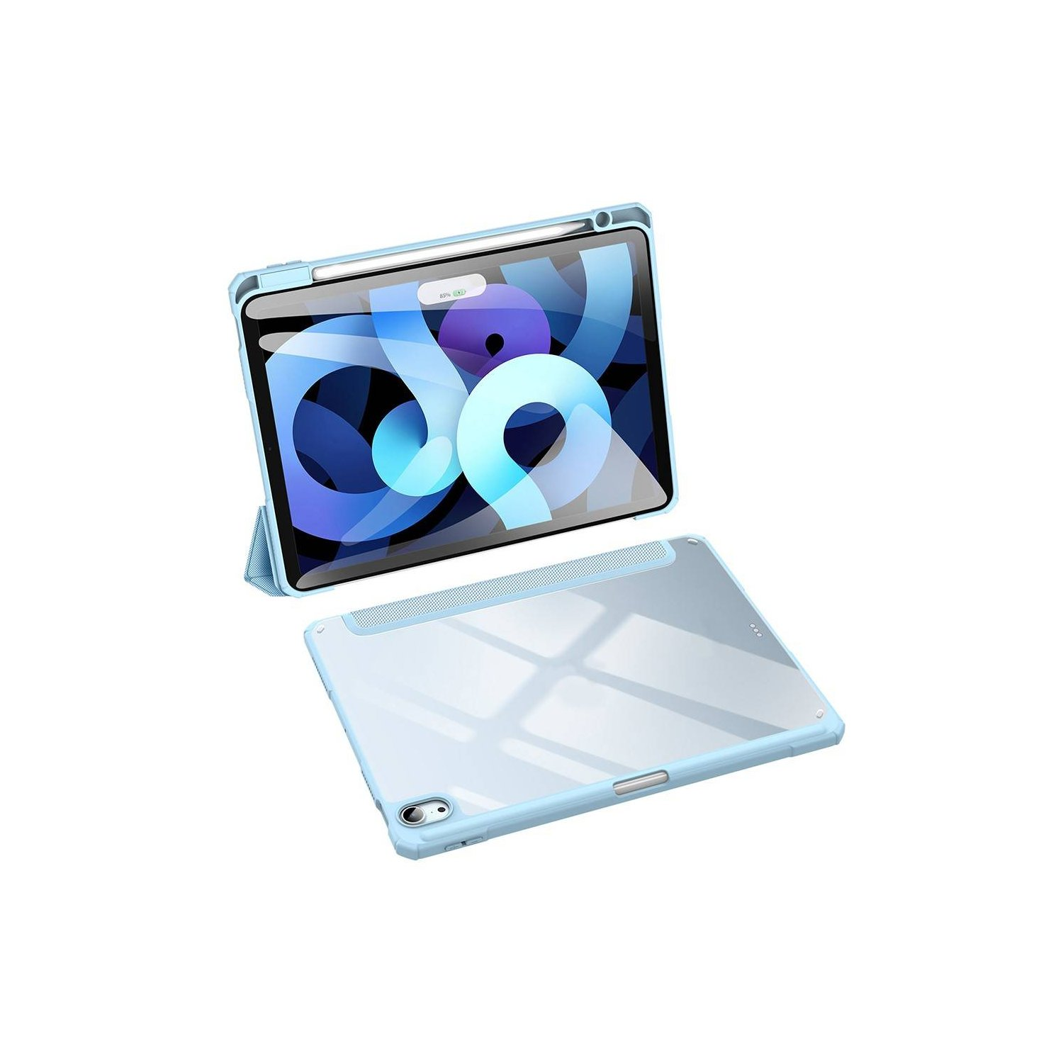 Blaues Tablet mit durchsichtiger Hülle. Es ist geöffnet und zeigt den Bildschirm. Hat einen Stiftschlitz.