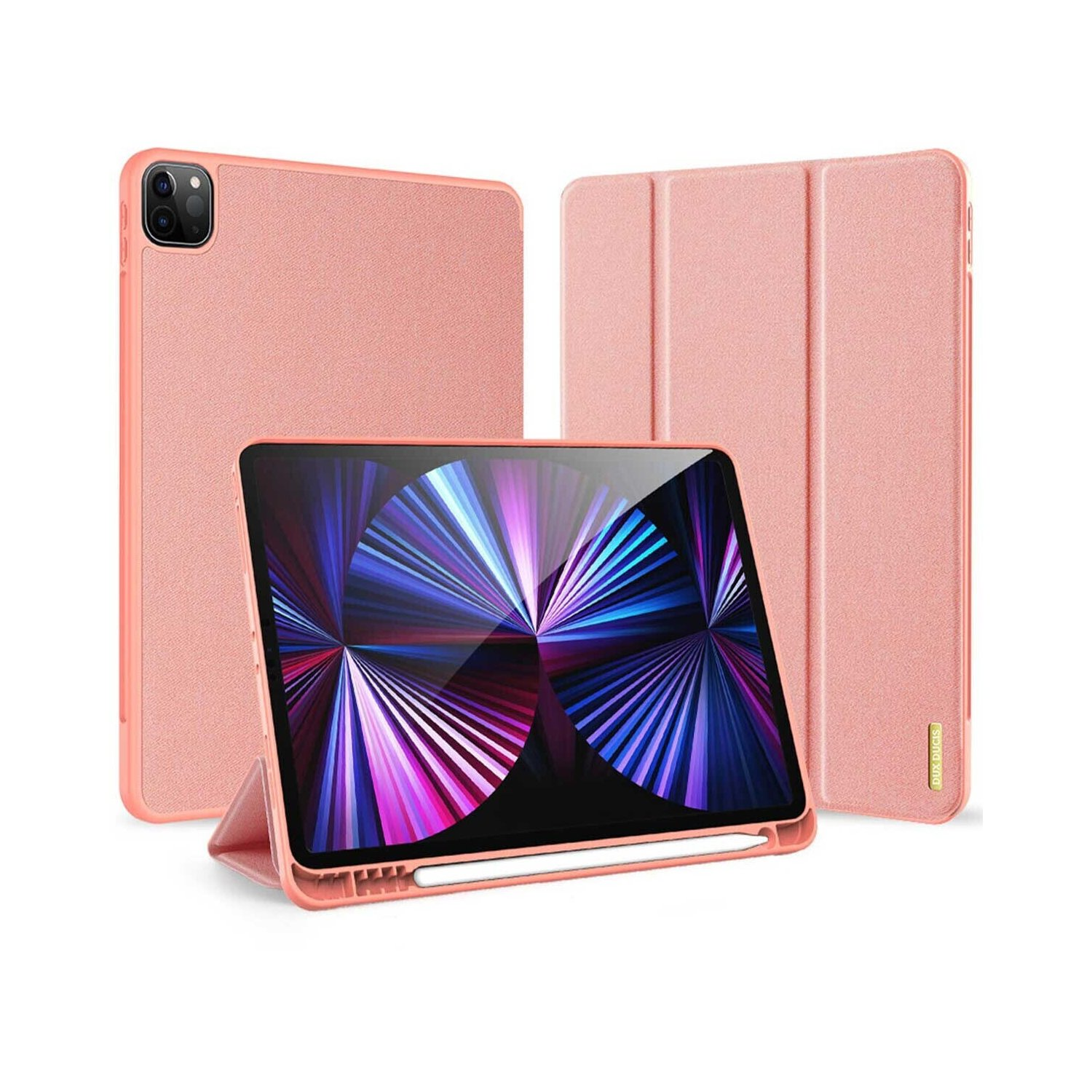 Ein rosa Tablet in einem Gehäuse und zwei weiteren Gehäusen. Ein Stift ist sichtbar. Das Tablet ist abgewinkelt.