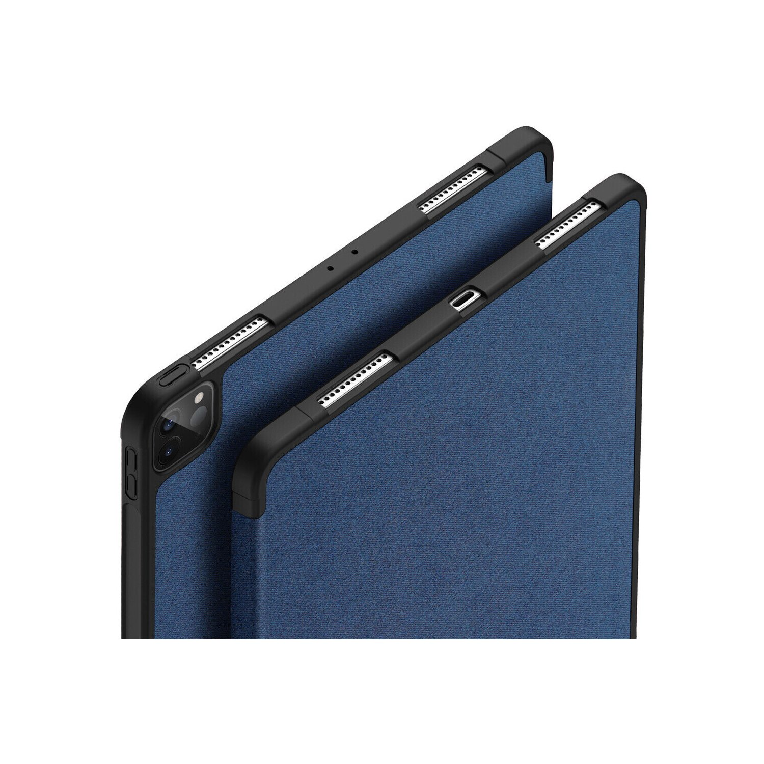 Zwei blaue iPad-Hüllen mit schwarzen Rändern, Seiten- und Frontansicht. Die Hüllen sind geschlossen.