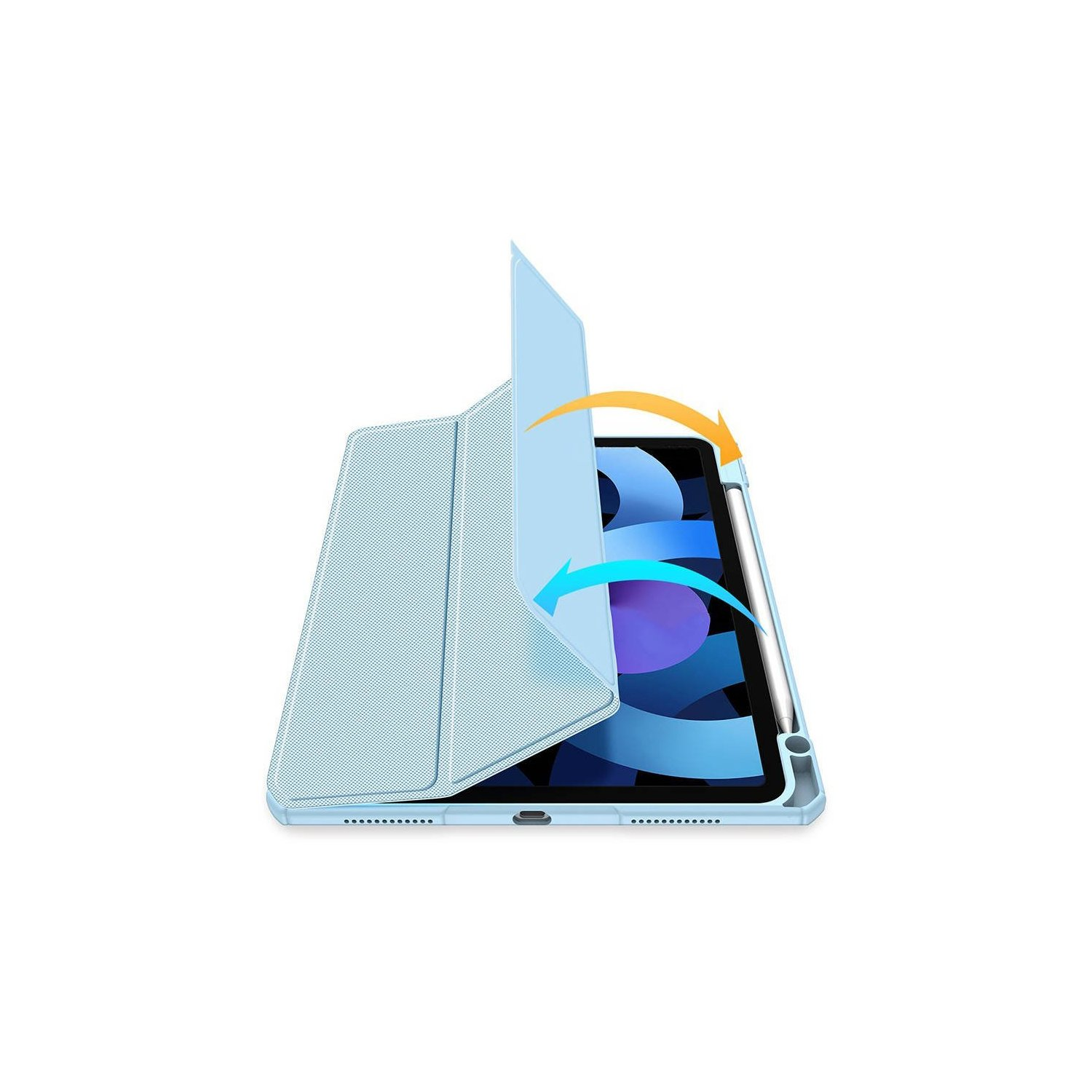 Hellblaue iPad-Hülle mit geöffneter Abdeckung. Stift gezeigt. Pfeile zeigen die Öffnungsrichtung. Hintergrund ist weiß.