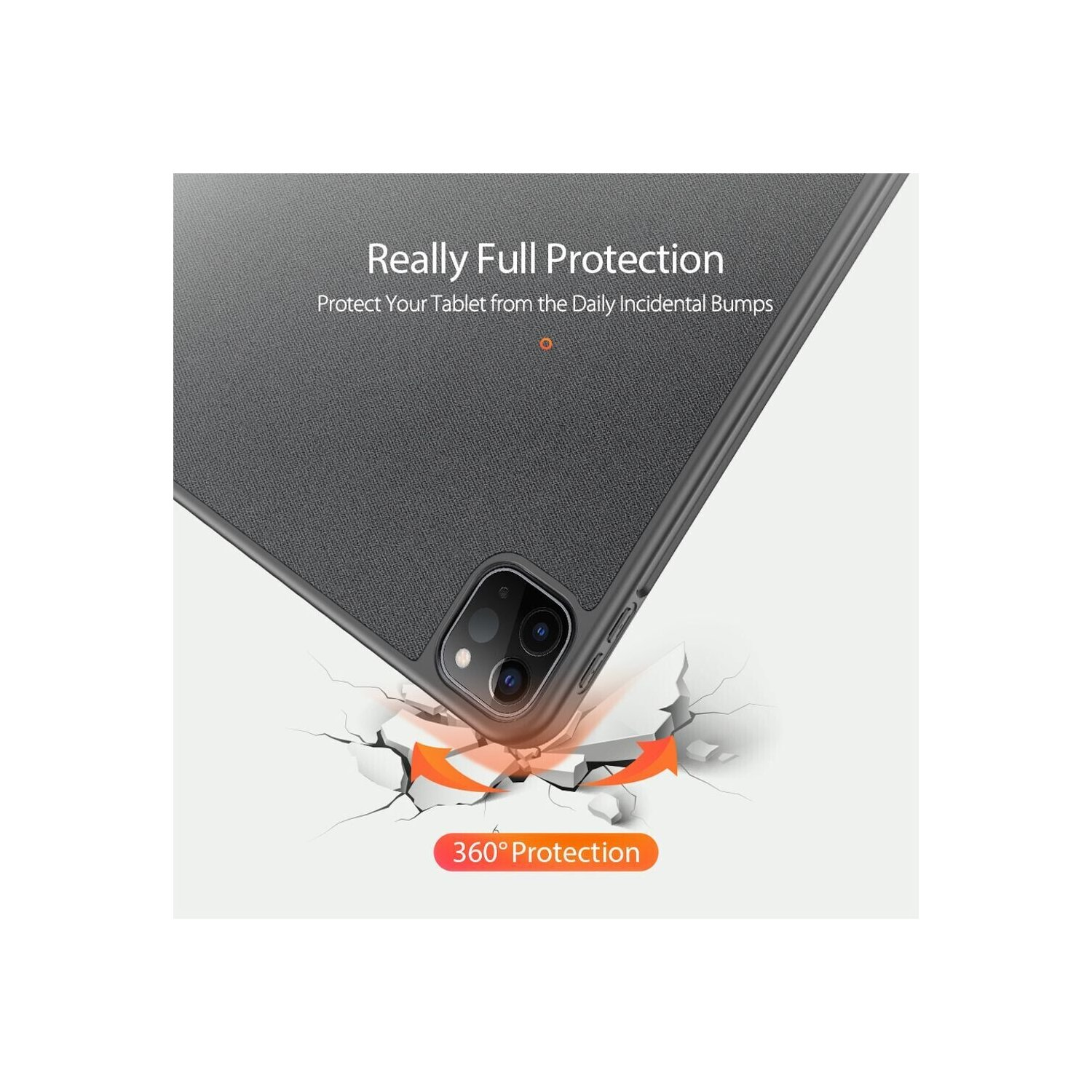 Ein iPad, das durch eine dunkelgraue Hülle mit dem Text Really Full Protection geschützt wird.