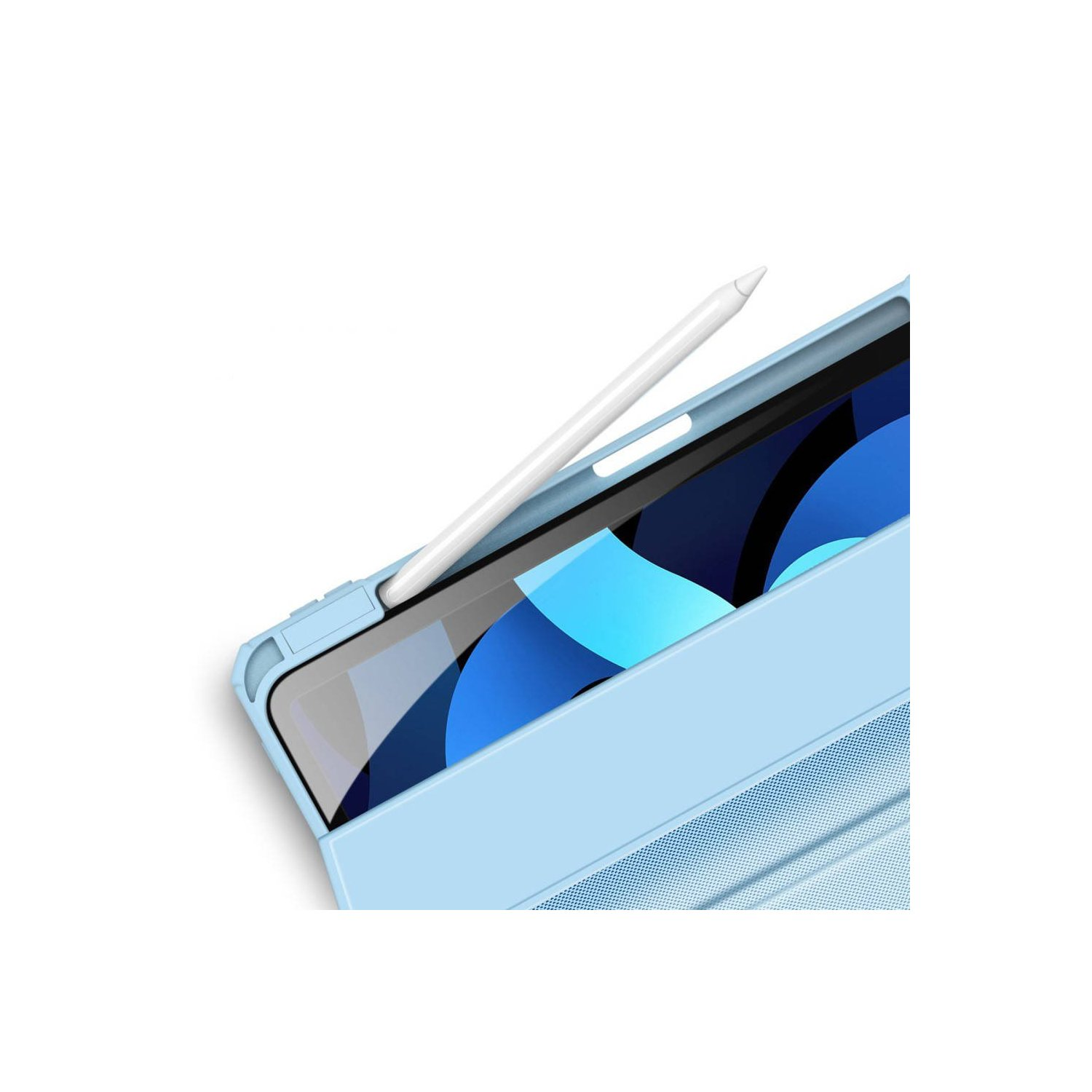 Blaue iPad-Hülle mit weißem Stift auf weißem Hintergrund.