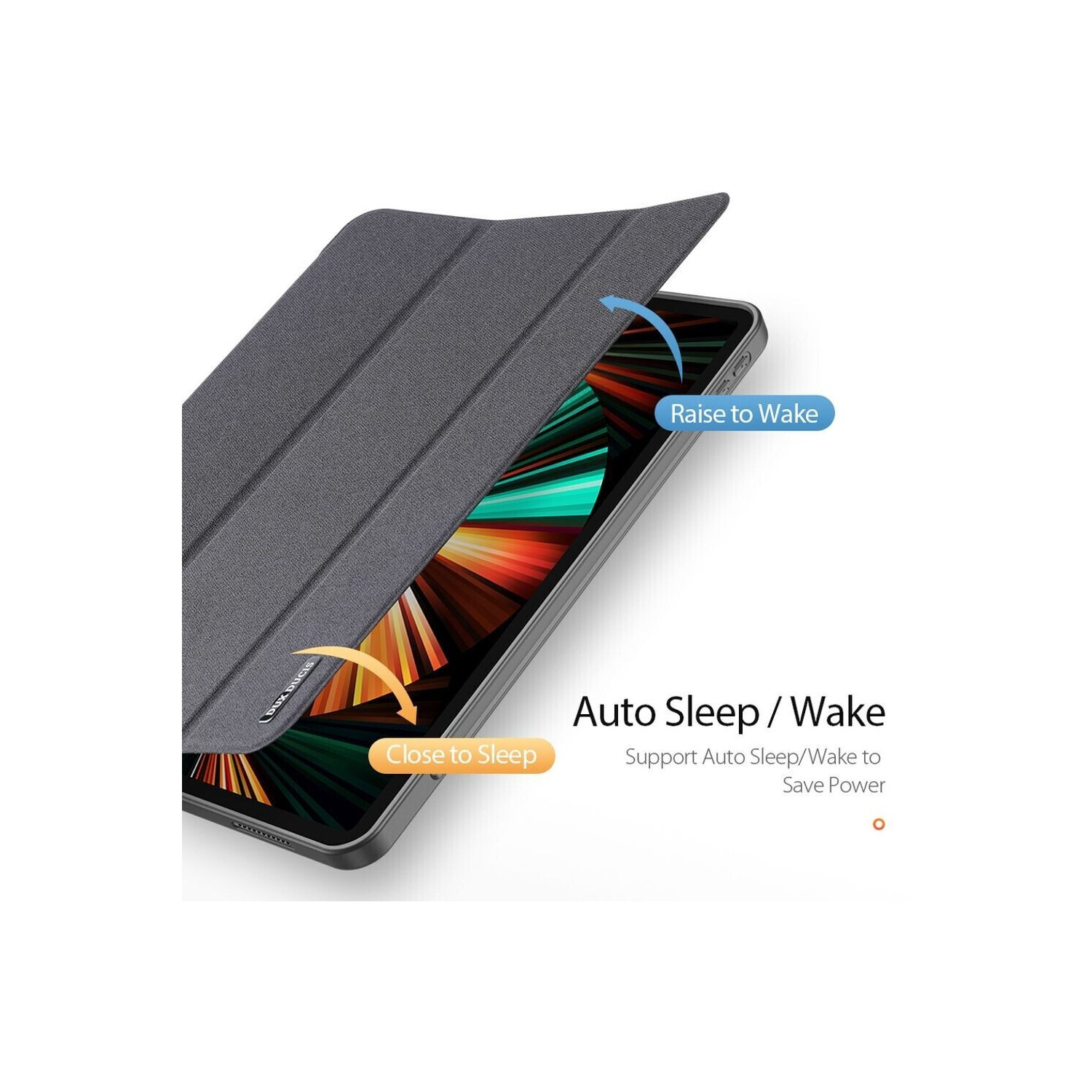 Graues Tablet mit offenem Cover. Text beschreibt Auto-Sleep/Wake-Funktion. Pfeile zeigen die Funktionen.