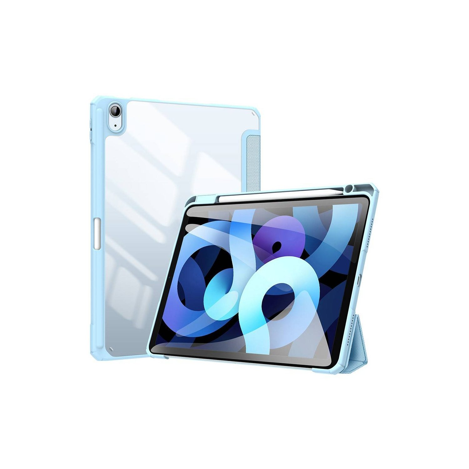 Hellblaues iPad in einer transparenten Hülle, mit Stift und Ständer.