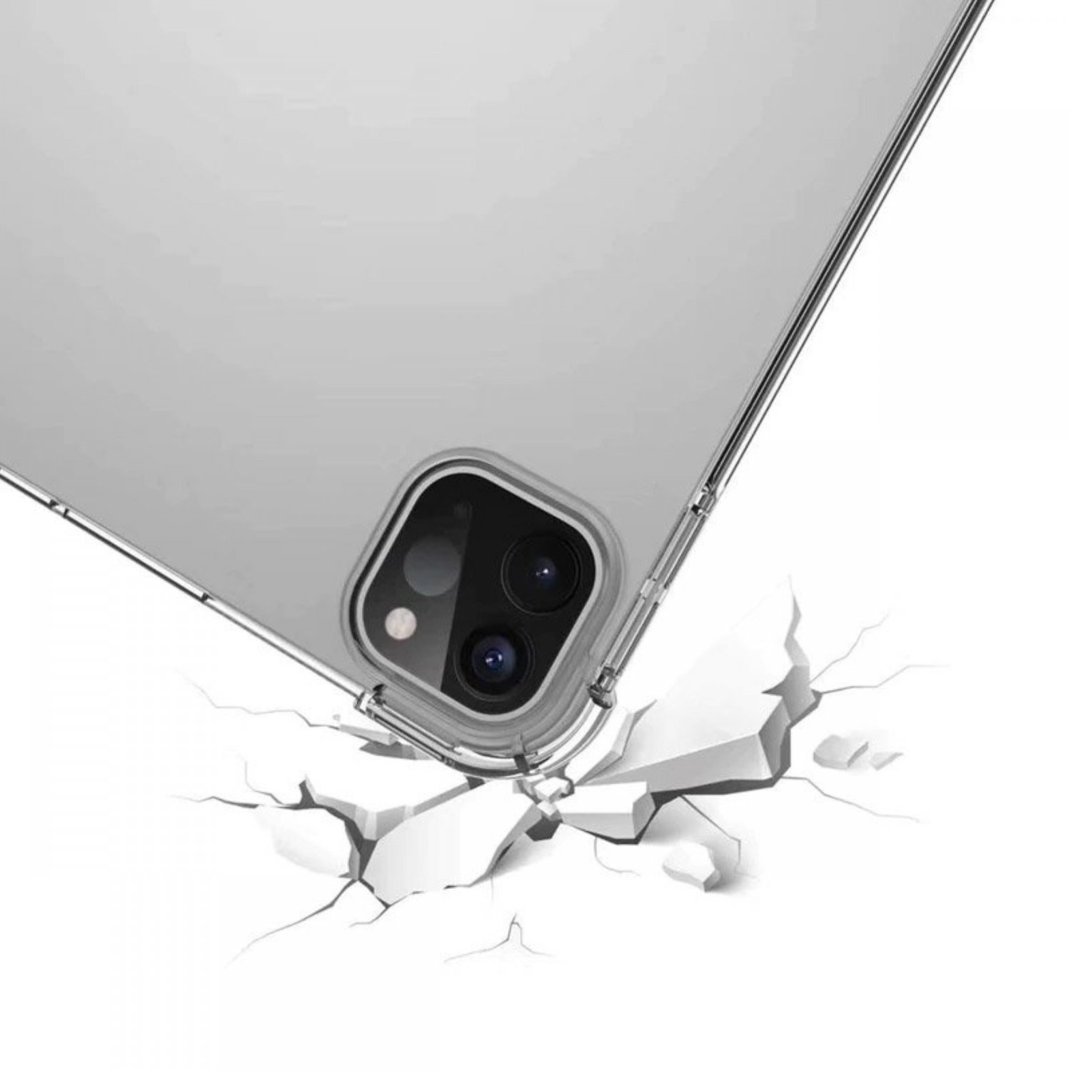 Die Rückseite eines Tablets mit einem Risseffekt auf dem Bildschirm, was einen Schutztest anzeigt.