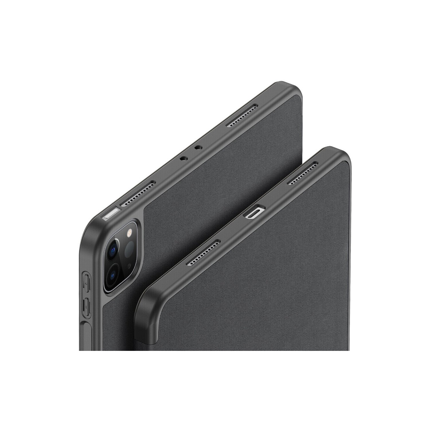 Zwei schwarze iPad-Hüllen, Nahaufnahme, zeigen die Seite mit Kamera und Anschlüssen.