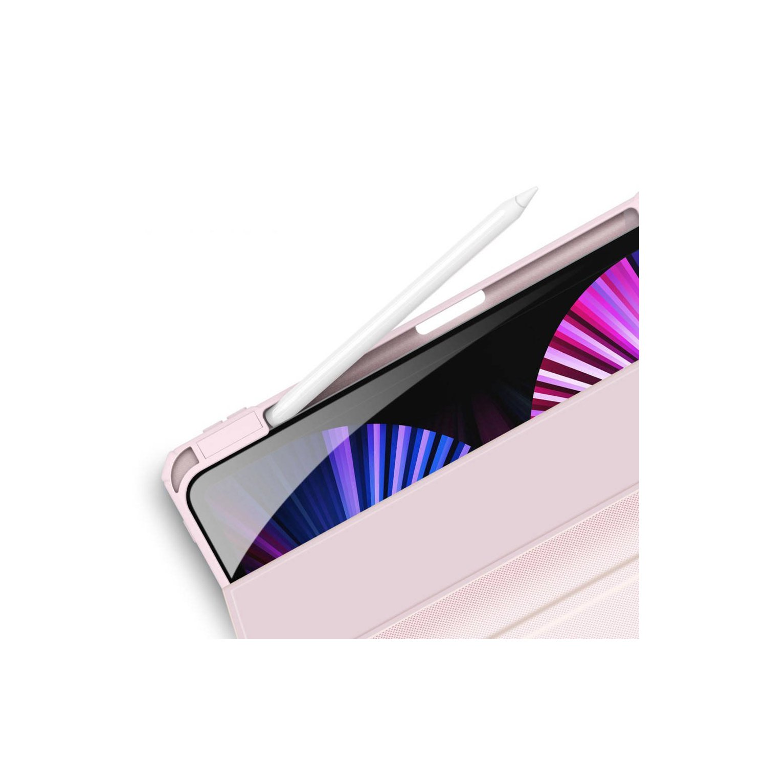 Eine rosa Tablet-Hülle mit Stift. Der Stift ist weiß und die Hülle ist abgewinkelt.