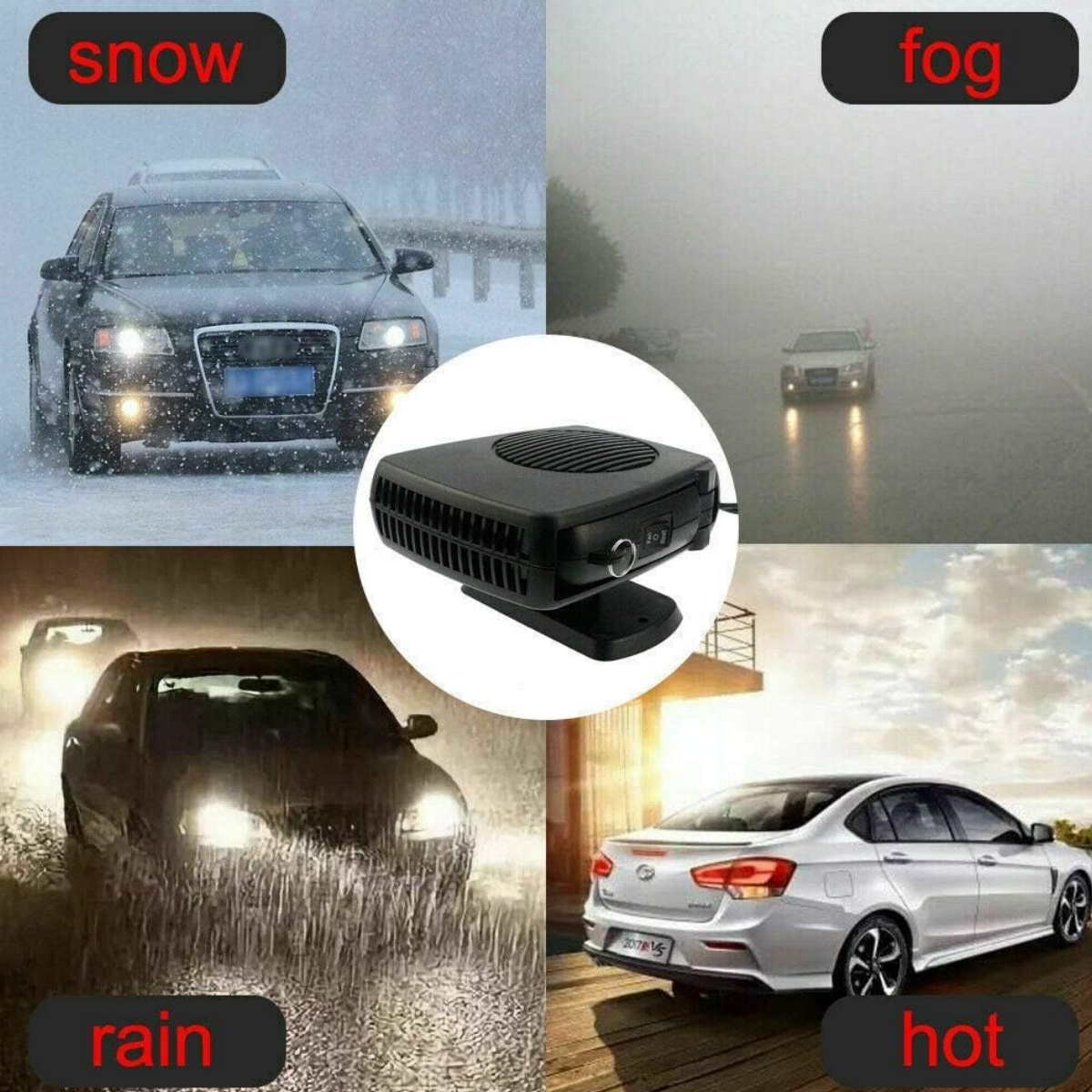 Eine Autoheizung mit Autos im Schnee, Nebel, Regen und heißem Wetter, mit Textlabels für jeden Zustand.