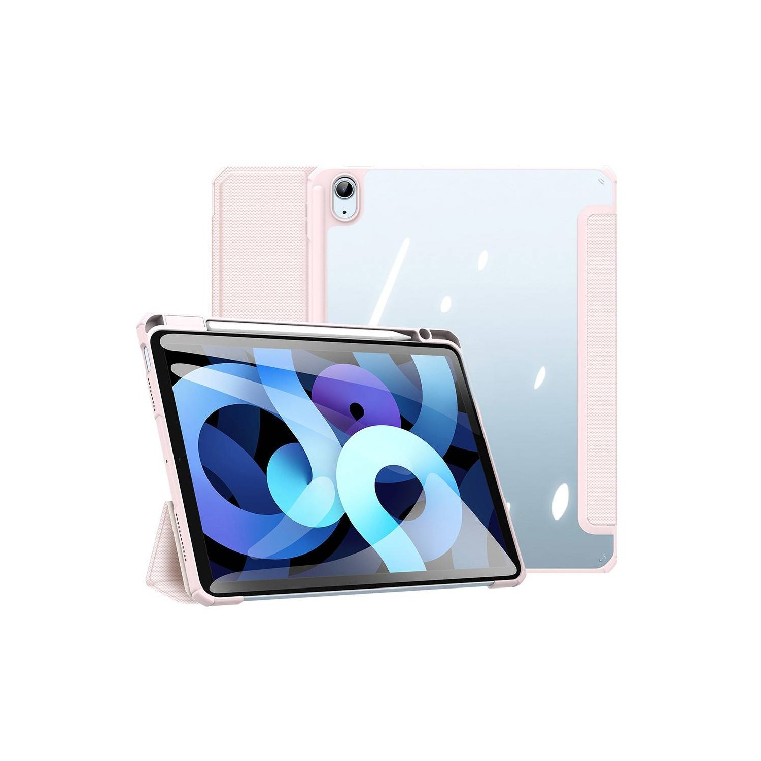 Ein rosa iPad Air mit Stift und Hülle. Eine weitere Hülle befindet sich dahinter. Der Bildschirm ist eingeschaltet.