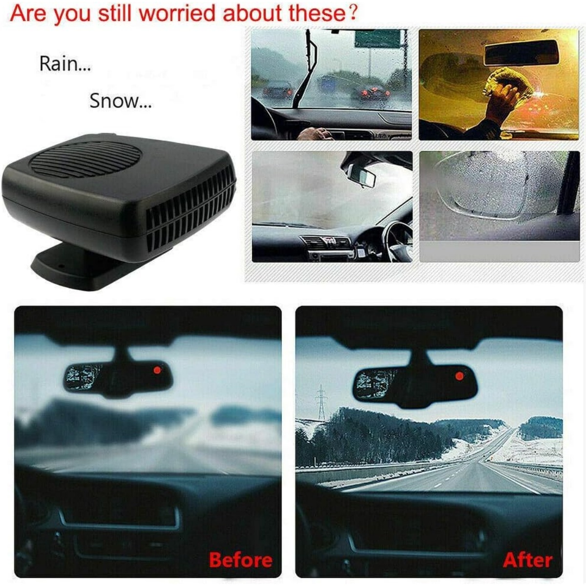 Bilder zeigen einen Auto-Defogger in Aktion, mit Vorher-Nachher-Ansichten der Windschutzscheibe.