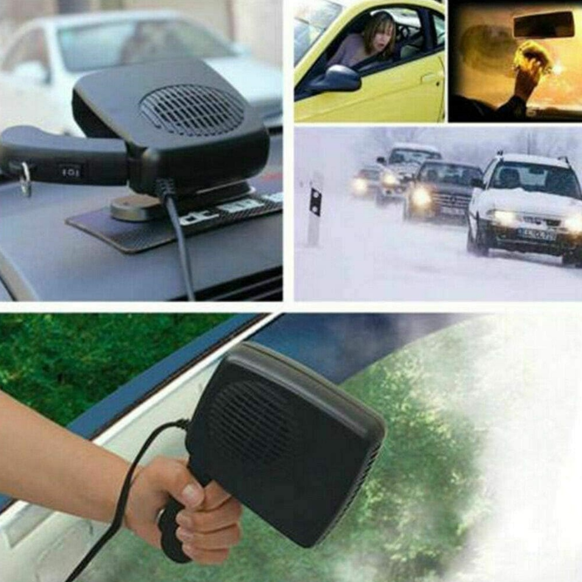 Eine Sammlung von Bildern zum Thema Auto, einschließlich einer Heizung, eines Innenraums und Winterbedingungen.