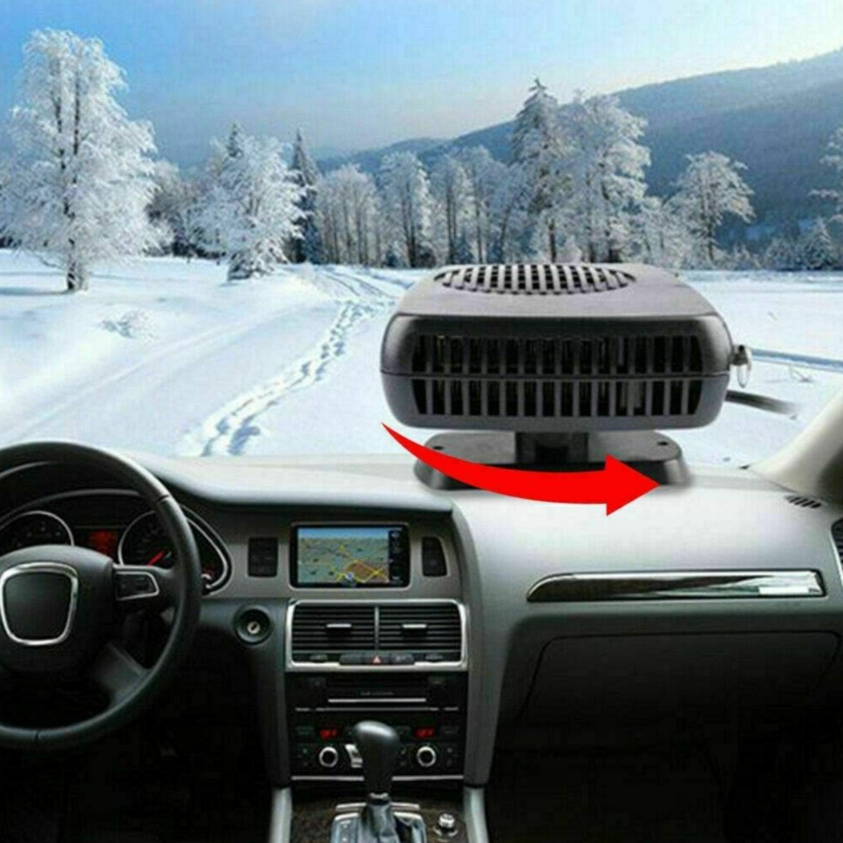 Auto-Armaturenbrett mit schwarzem Heizgerät, das nach vorne zeigt, mit verschneitem Hintergrund.