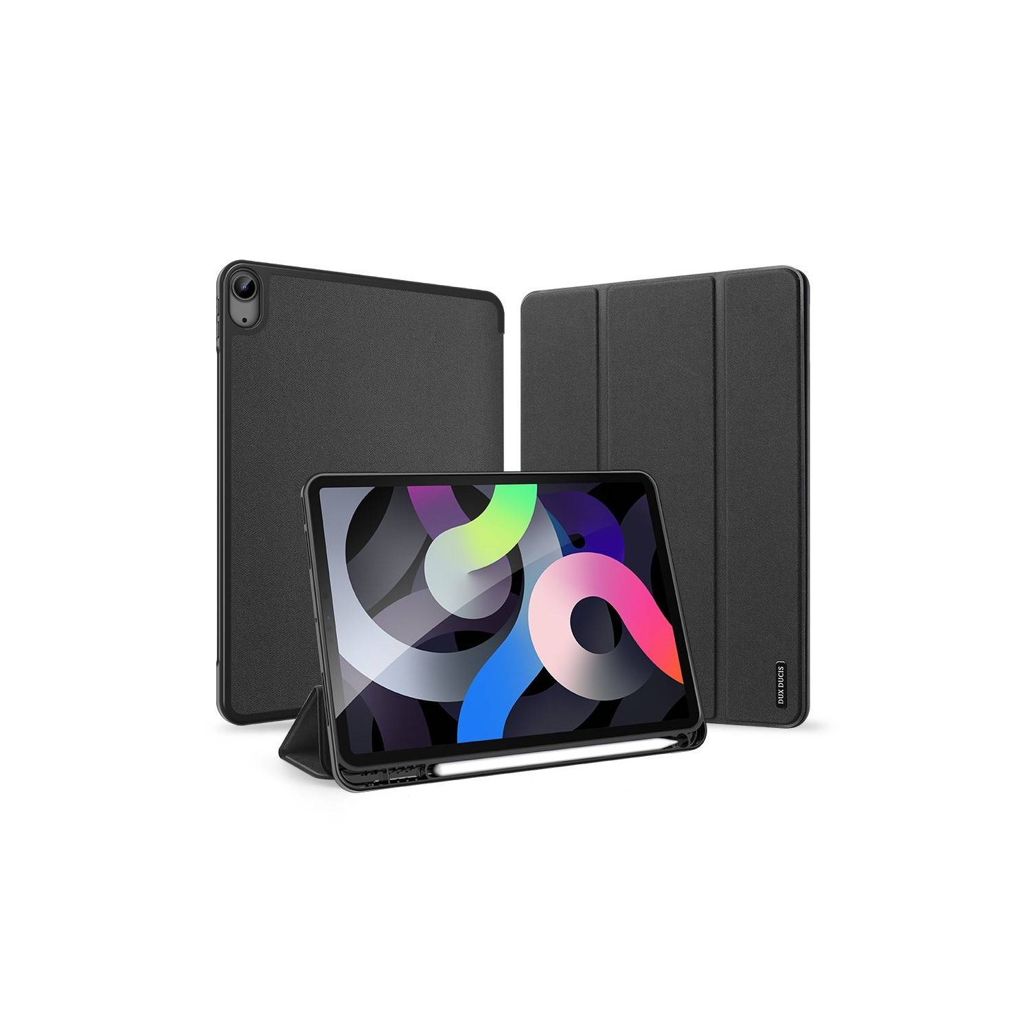Ein iPad mit Hülle und Stift. Das iPad ist schwarz, die Hülle ebenfalls.