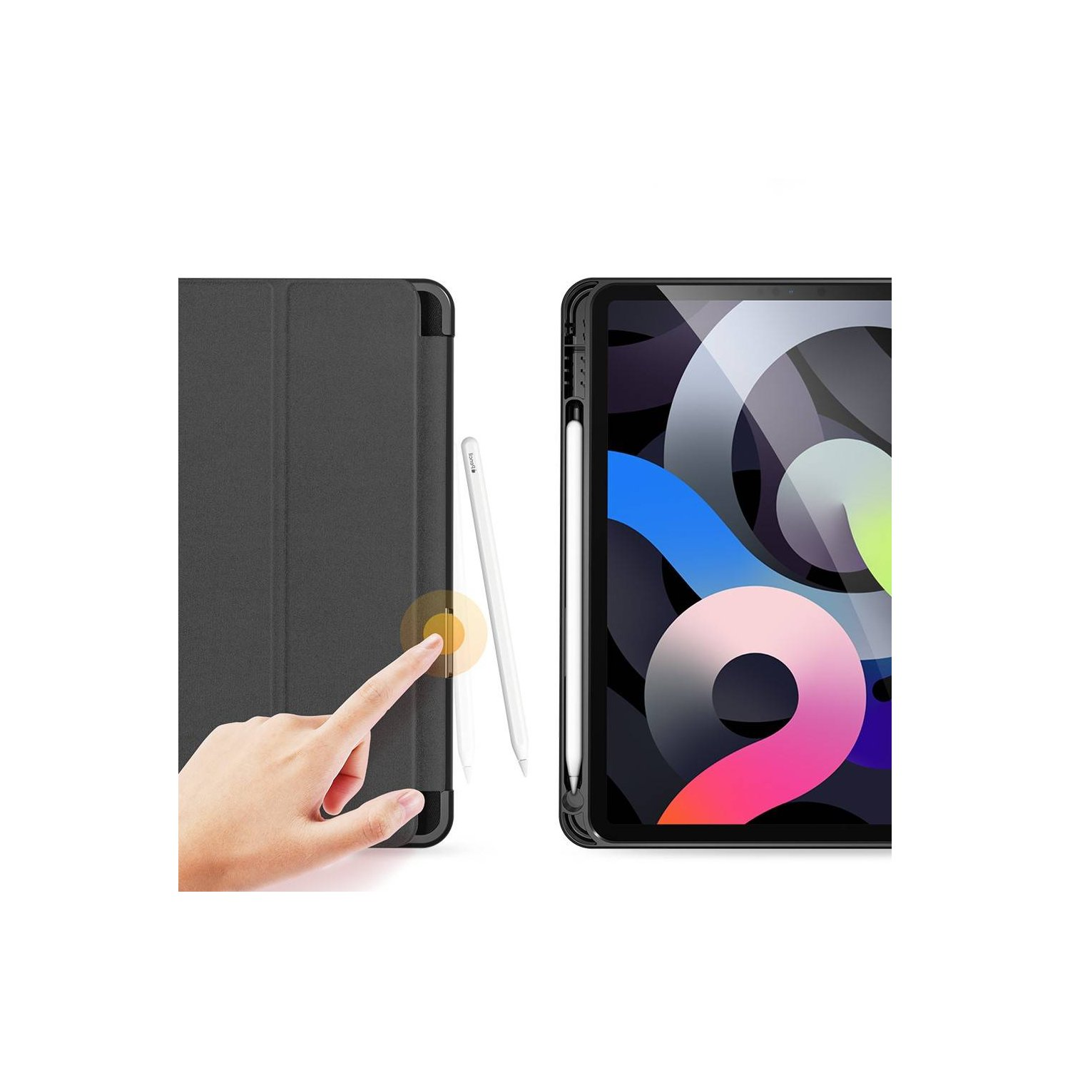 Hand berührt Tablet-Bildschirm neben Stift und schwarzem Cover.