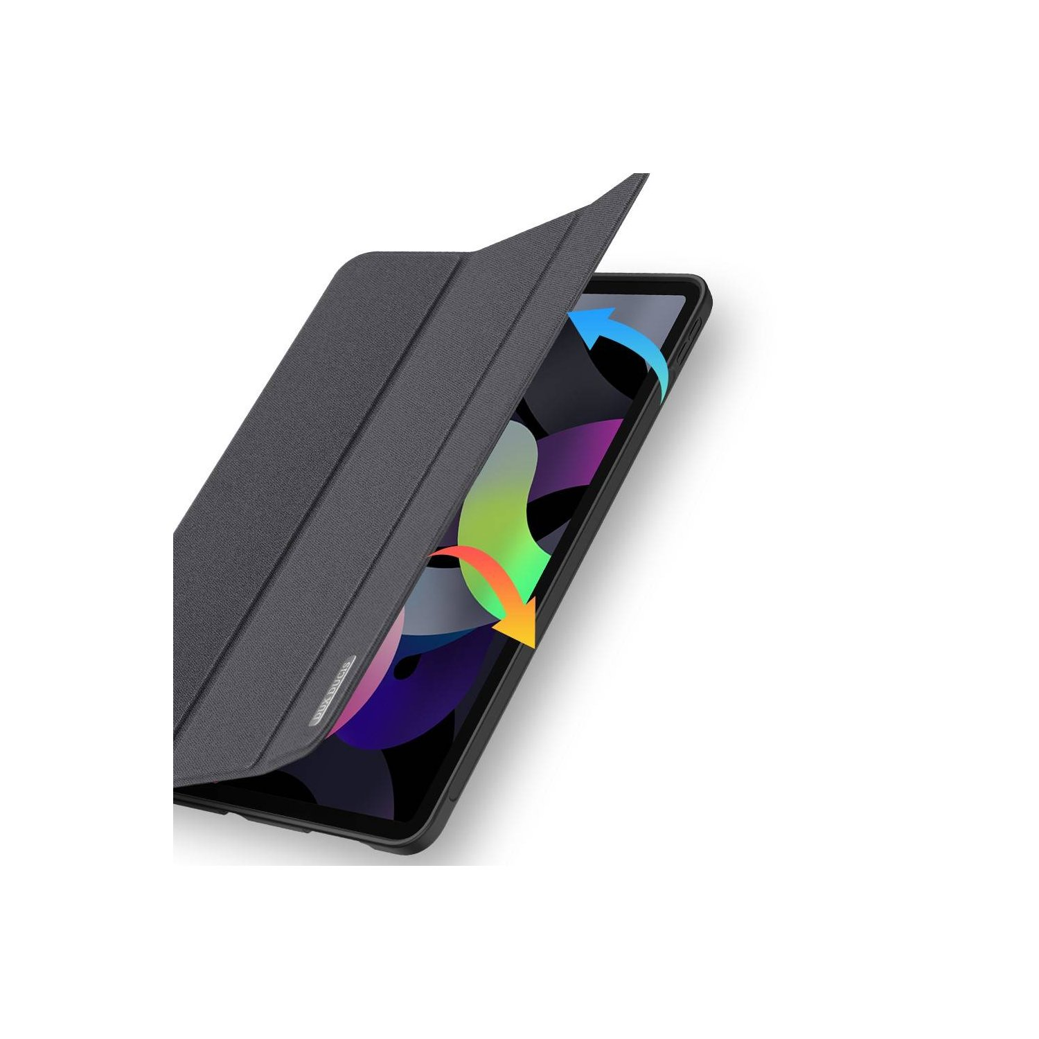 Tablet mit Hülle. Hülle ist geöffnet, Bildschirm sichtbar. Blaue und orange Pfeile.