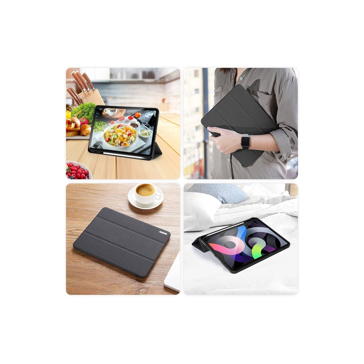Collage eines Tablets in einer Hülle. Das Tablet wird in verschiedenen Einstellungen verwendet.
