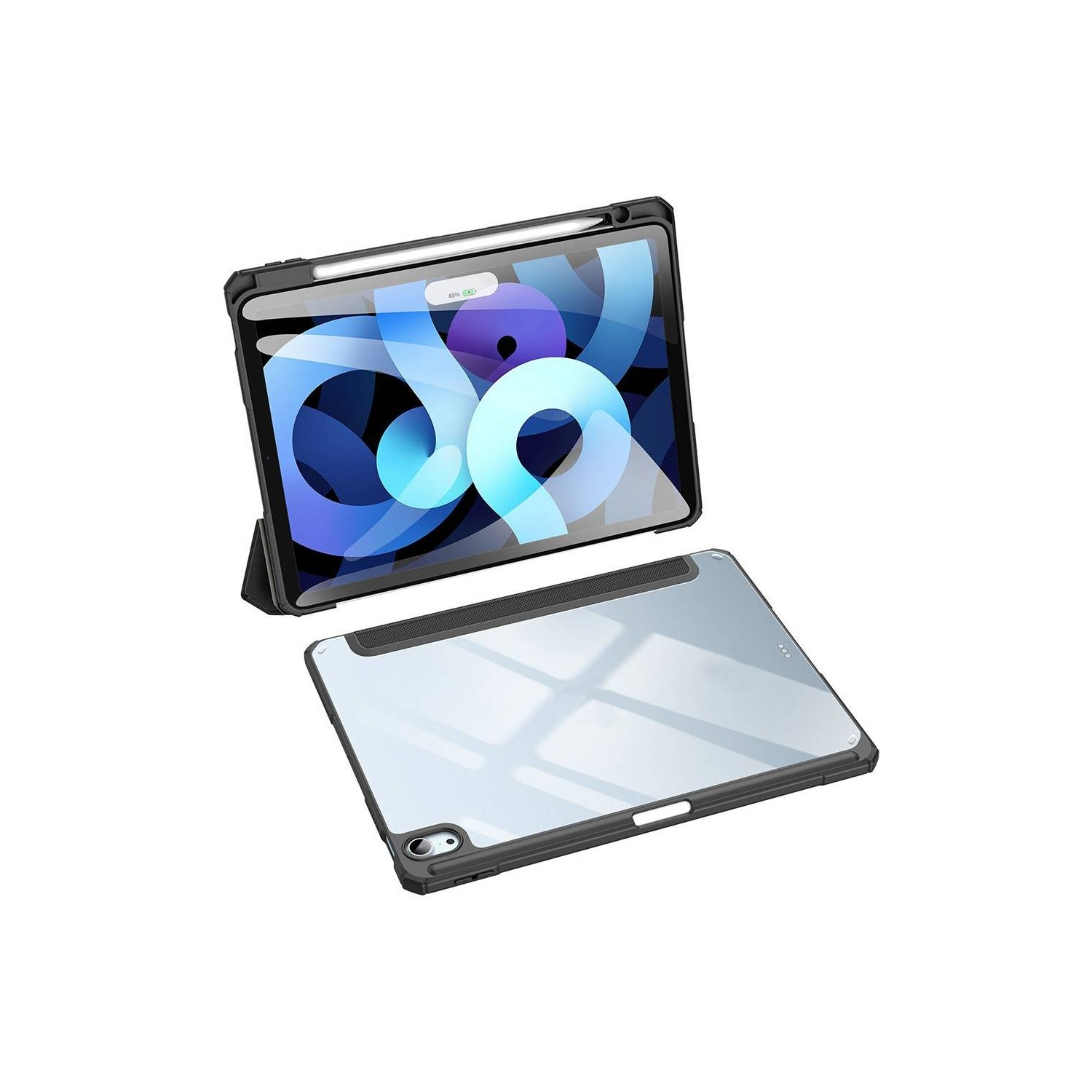 Ein iPad in einer schwarzen Hülle mit Stift. Eine weitere Hülle liegt darunter.