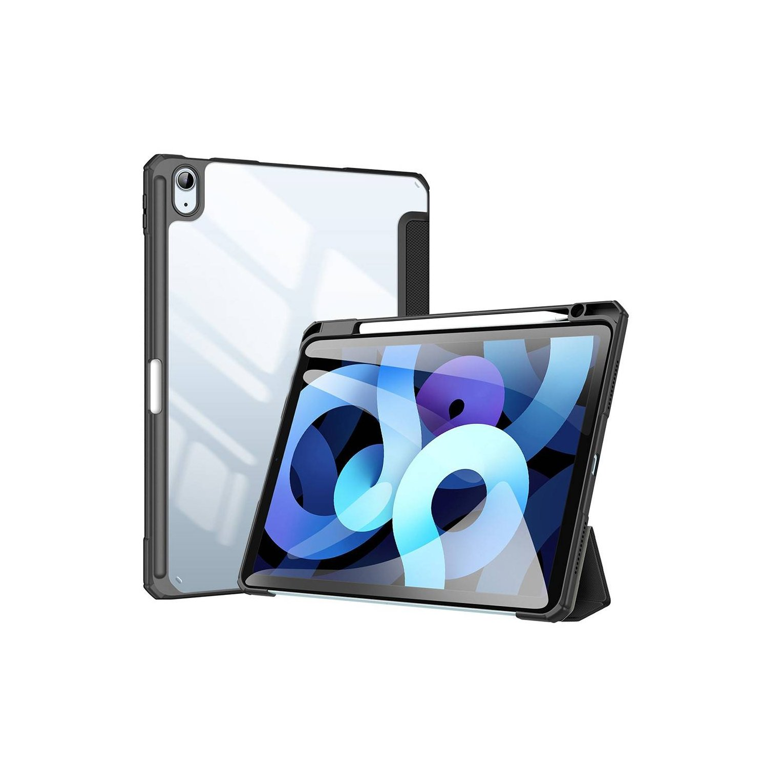 Tablet in einer Schutzhülle, mit einer weiteren Hülle dahinter. Beide sind schwarz und transparent.
