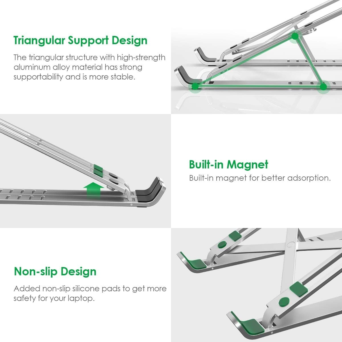 Silberner Laptop-Ständer mit grünen Akzenten. Stützt den Laptop in einem Winkel für ergonomische Nutzung.