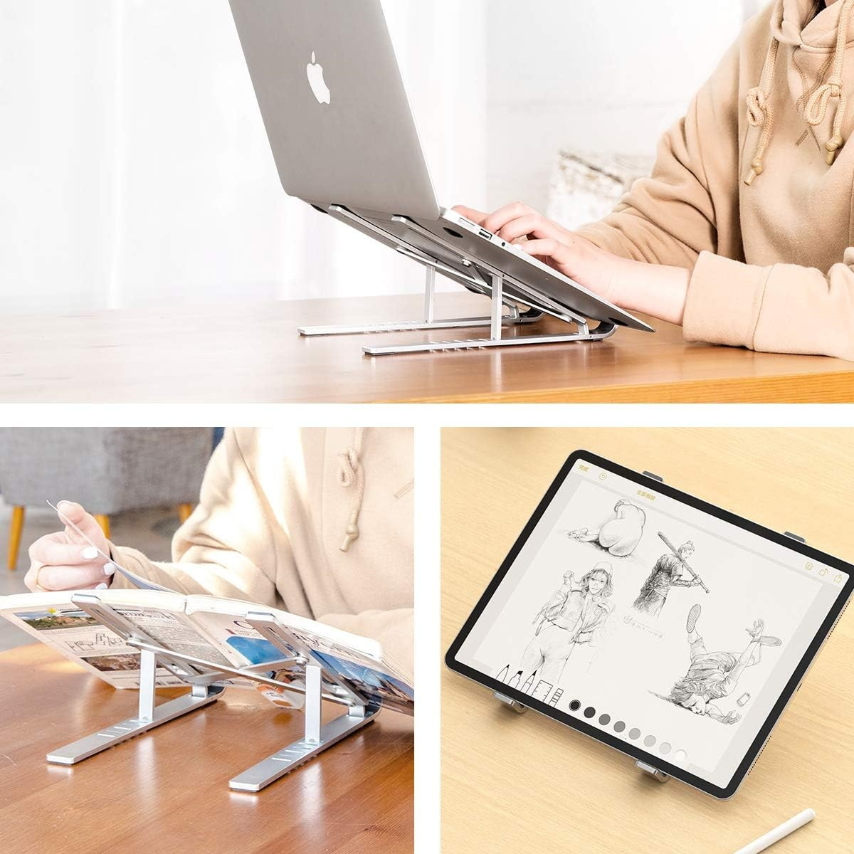 Laptop und Tablet auf Ständern und Hände, die sie benutzen. Verschiedene Winkel, Holztisch.