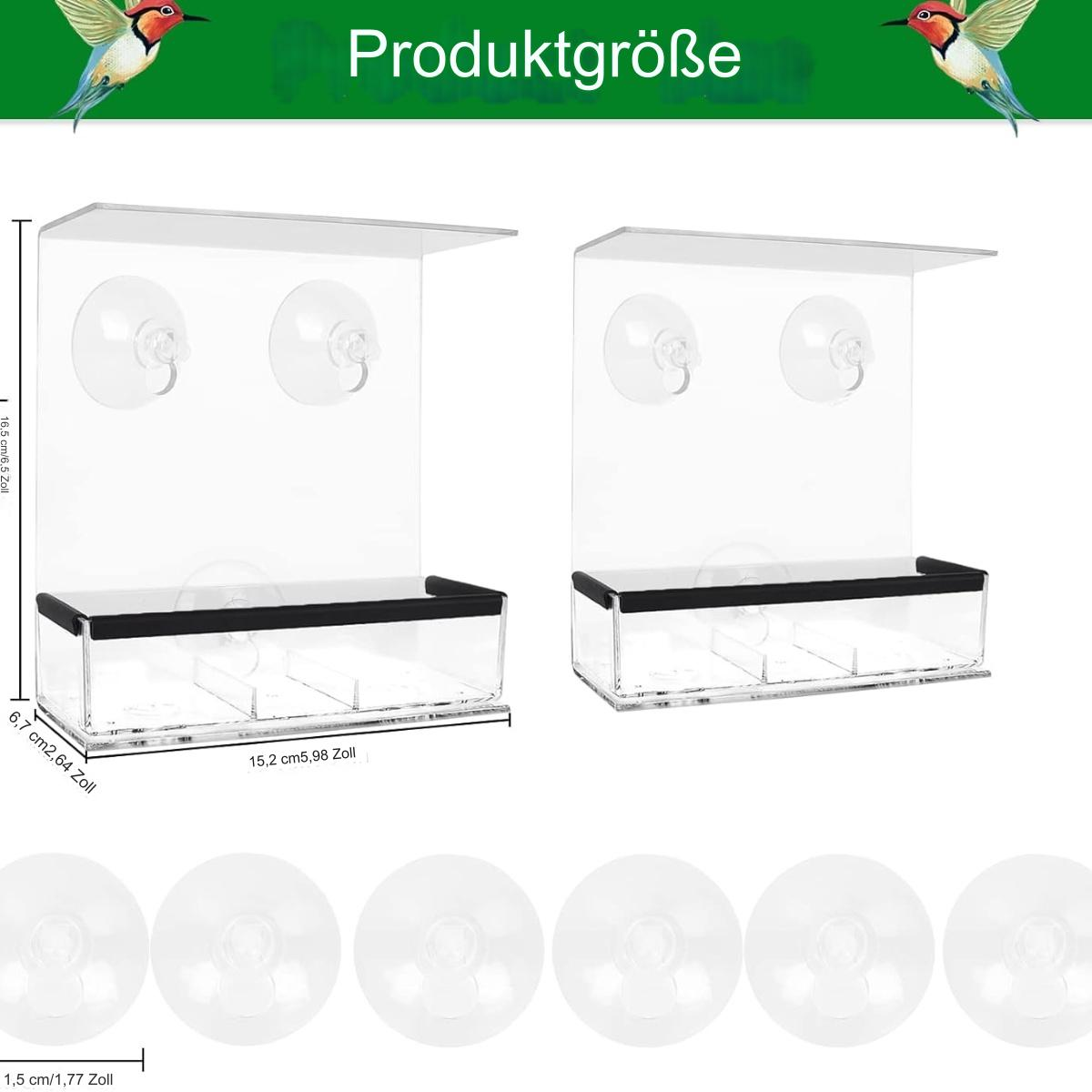 Ein Vogelfutterspender mit Maßen, Titel und sechs Saugnäpfen, mit Vögeln.