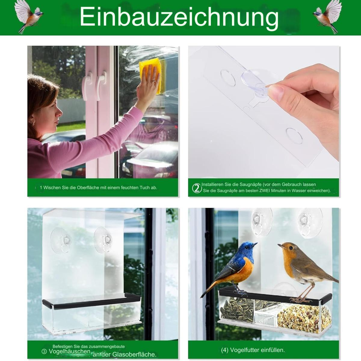 Diagramm zur Installation eines Vogelfutterhauses am Fenster. Enthält Bilder und Anweisungen.