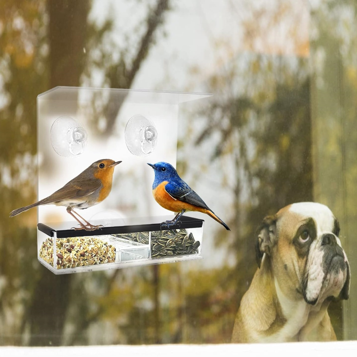 Ein Vogelfutterautomat mit zwei Vögeln und einem Hund, der sie ansieht. Der Futterautomat ist am Fenster.