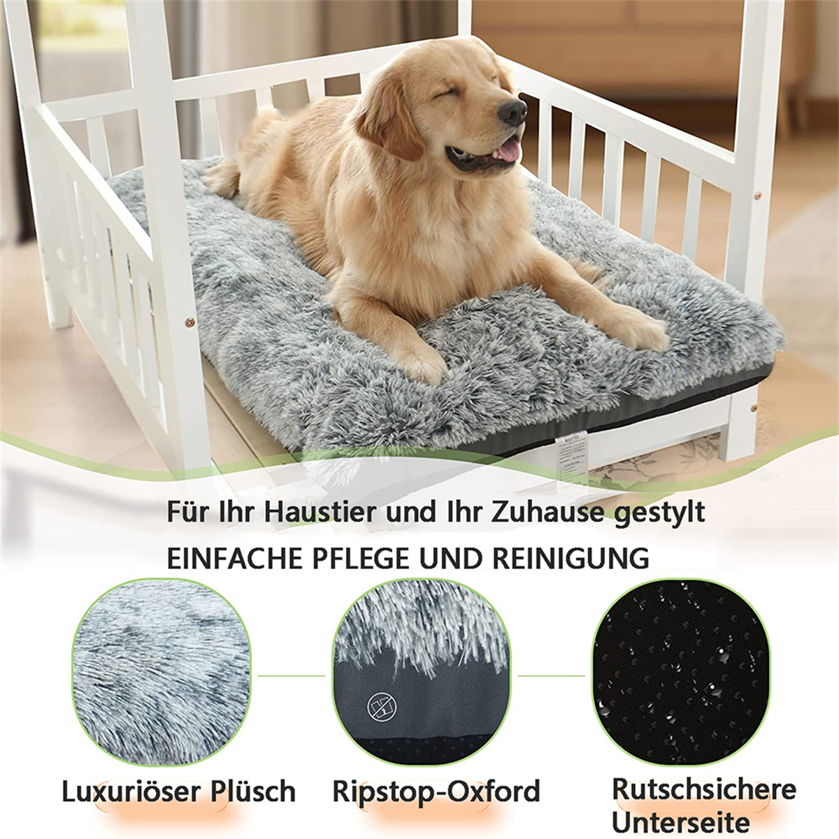Ein Hund auf einem flauschigen Bett. Das Bett befindet sich in einem weißen Rahmen. Drei Nahaufnahmen mit Text.