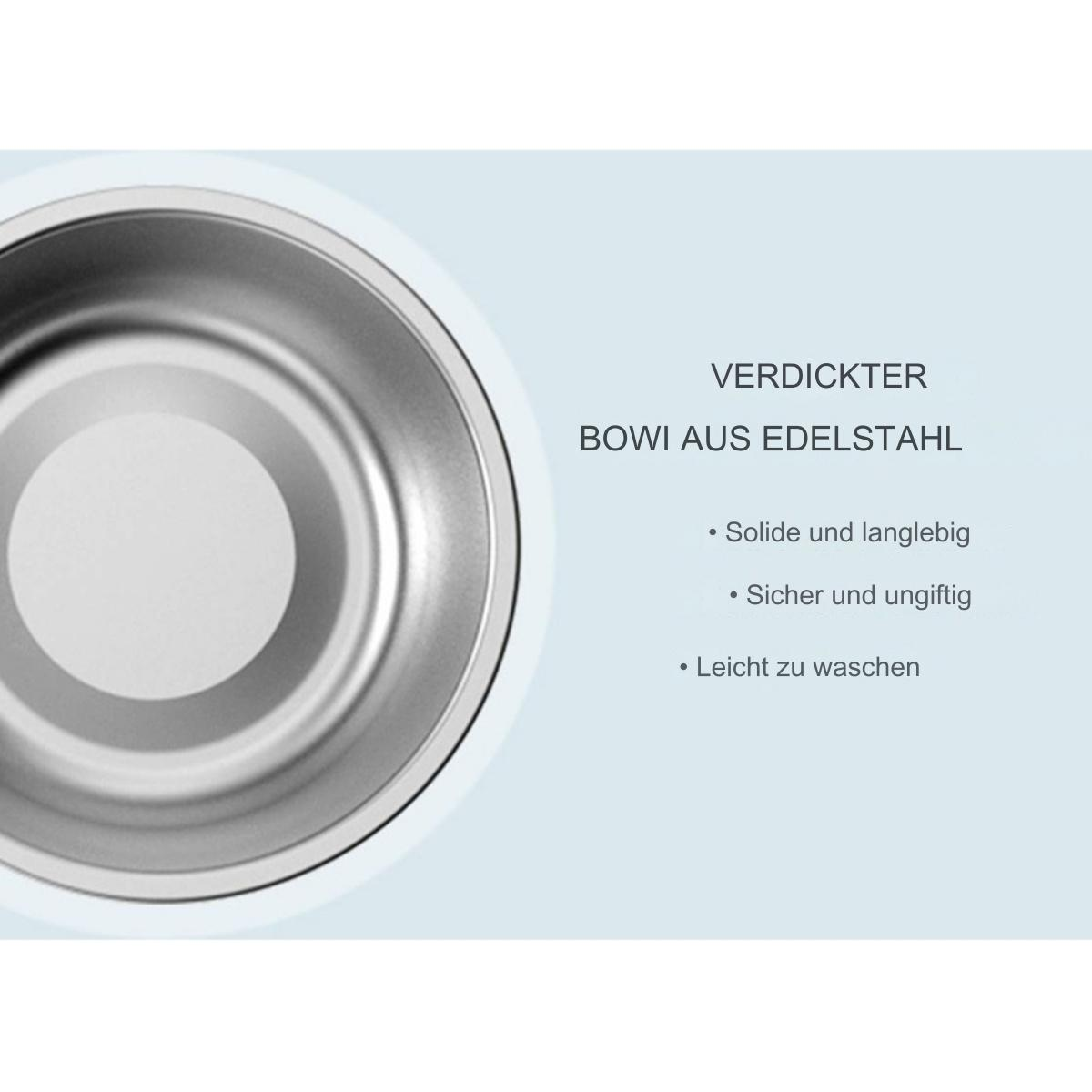Eine Edelstahlschüssel mit Text: 'Verdickter Napf aus Edelstahl'. Sie ist haltbar und leicht zu waschen.