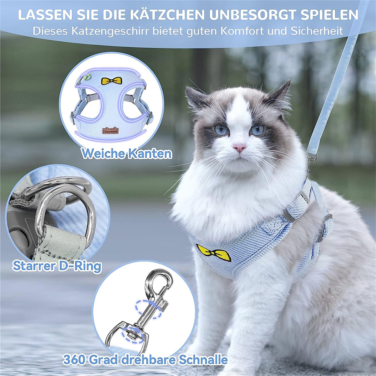 Katze trägt einen blauen Gurt mit Text: Weiche Kanten, Starrer D-Ring, 360° drehbare Schnalle.