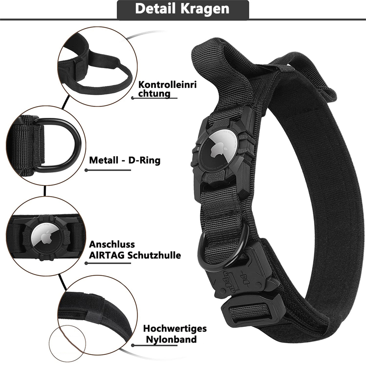 Ein schwarzes Hundehalsband mit Metall-D-Ring und Schnalle sowie Platz für ein AirTag.