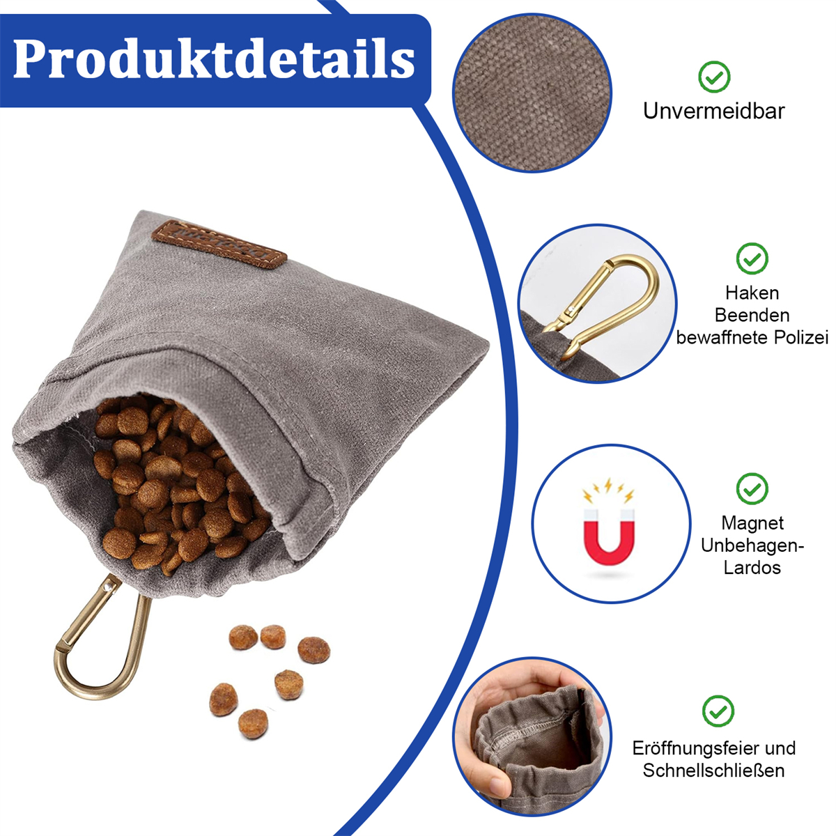 Graue Hunde-Leckerli-Tasche mit Metallverschluss, Produktdetails und gekennzeichneten Merkmalen.