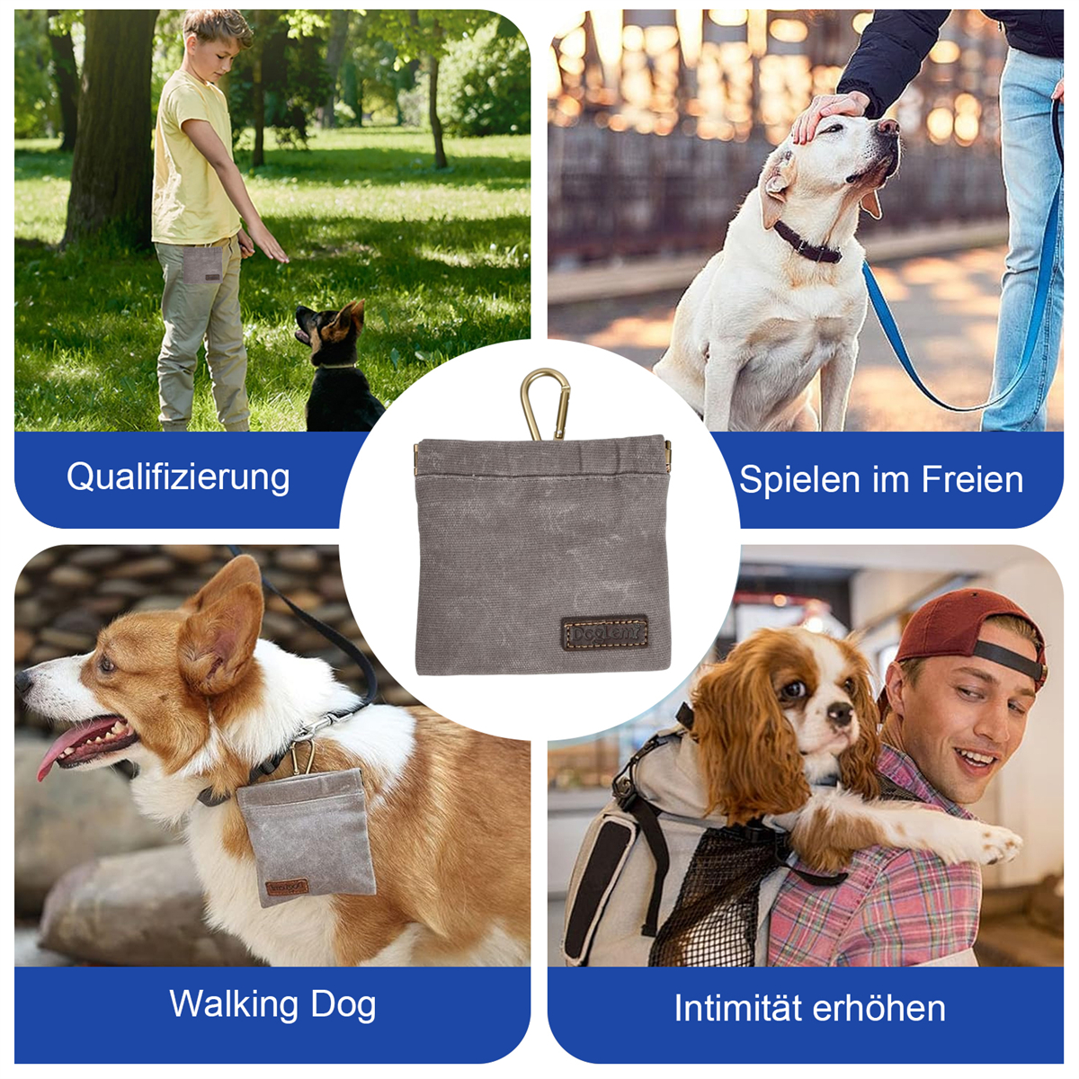 Vier Bilder: Junge trainiert Hund, Spielen im Park, Hund mit Tasche, Hund auf dem Rücken.
