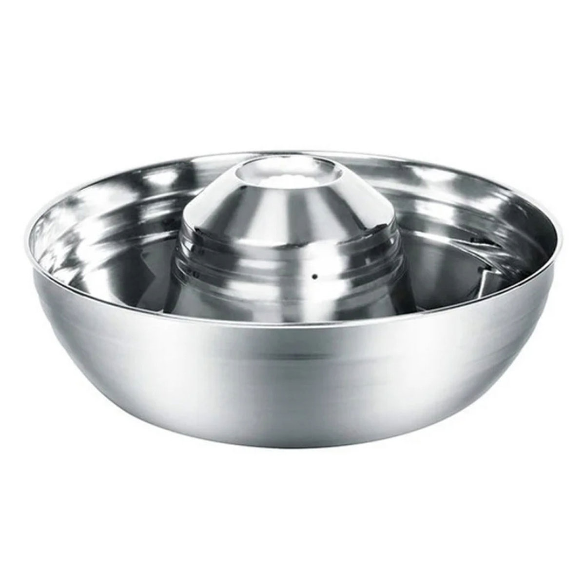 Ein Edelstahl-Speisenwärmer mit zentralem Kegel. Weißer Hintergrund. Glänzendes Metall.