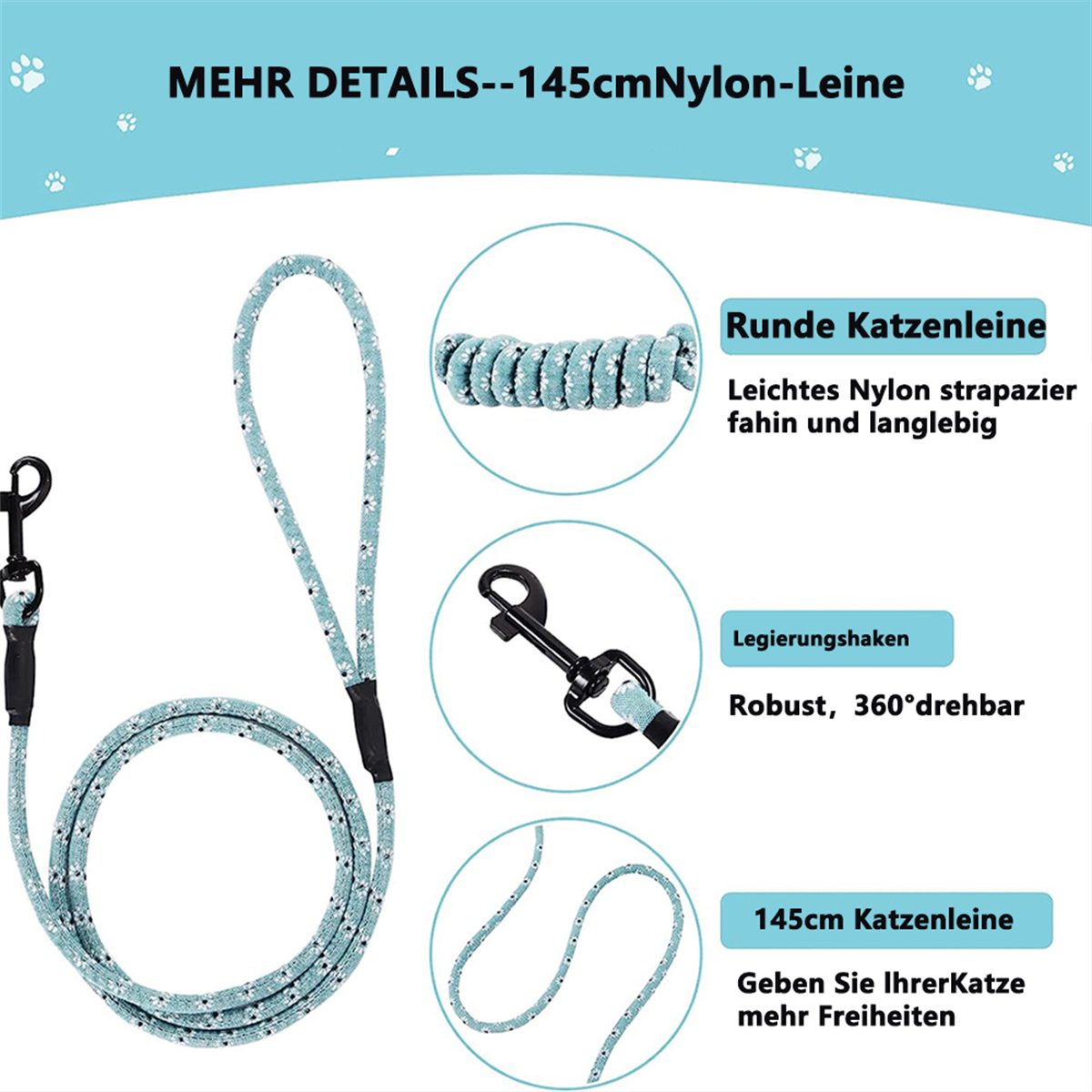 Katzenleinen-Set, blaues und weißes Seil, mit Beschreibungsdetails.