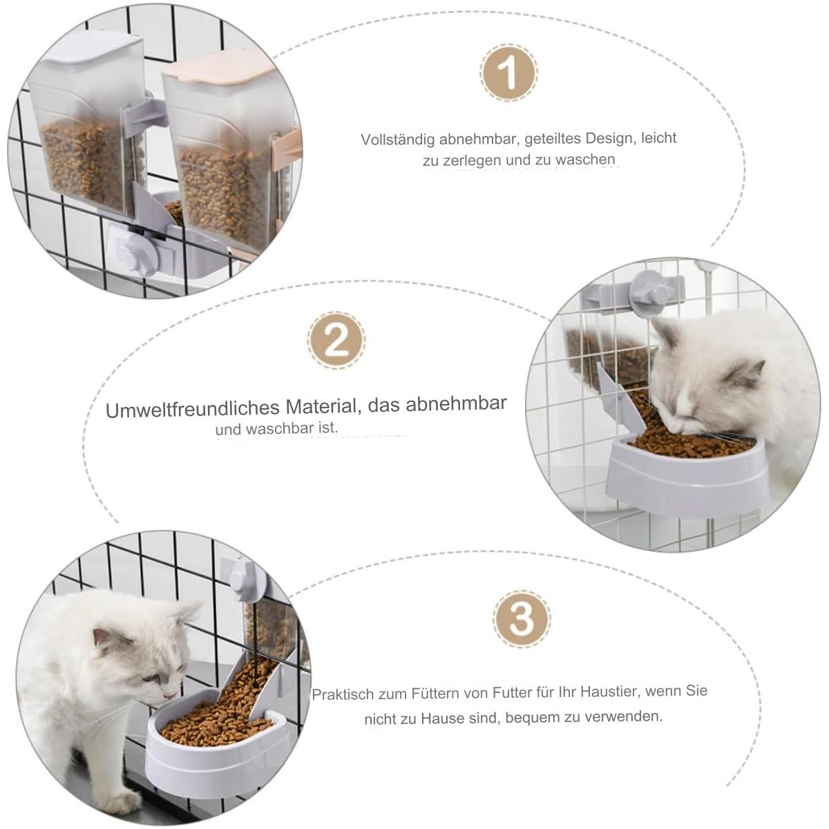 Katzenfutterautomat mit Futter, mit Text: 1. Vollständig abnehmbares Design, leicht zu zerlegen und zu waschen.