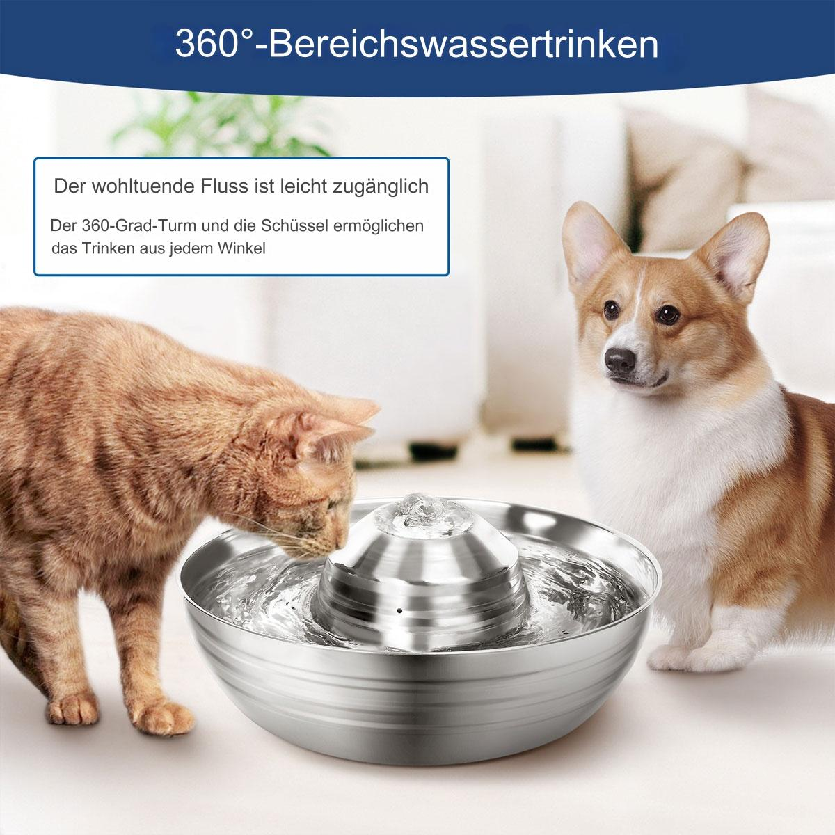 Eine Katze und ein Hund trinken aus einem Wasserbrunnen. Textfeld über dem Brunnen.